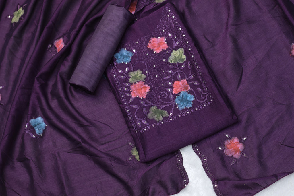 Vichitra Silk Churidar Material with Floral Embroidery