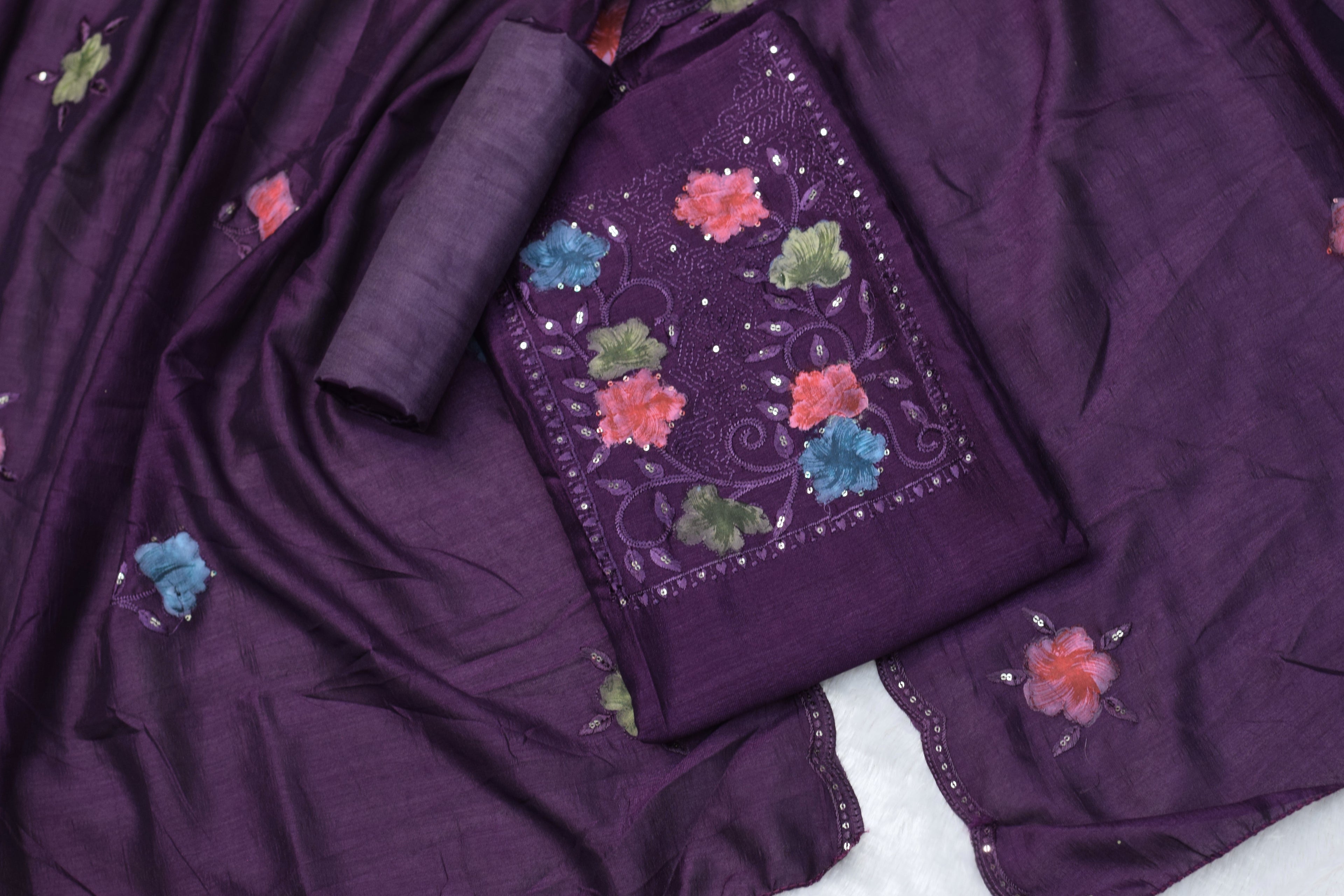 Vichitra Silk Churidar Material with Floral Embroidery