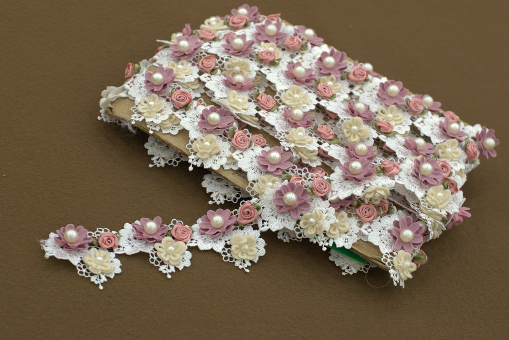 Imported 3D Floral Lace Trim with Pearl Embellishments – 5 Meter / 10 Meter