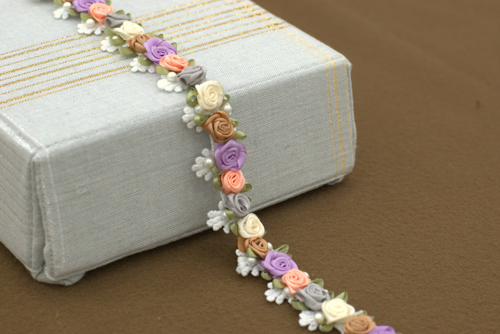 Imported 3D Floral Lace Trim – Multicolor Rose Embroidery (5m / 10m)