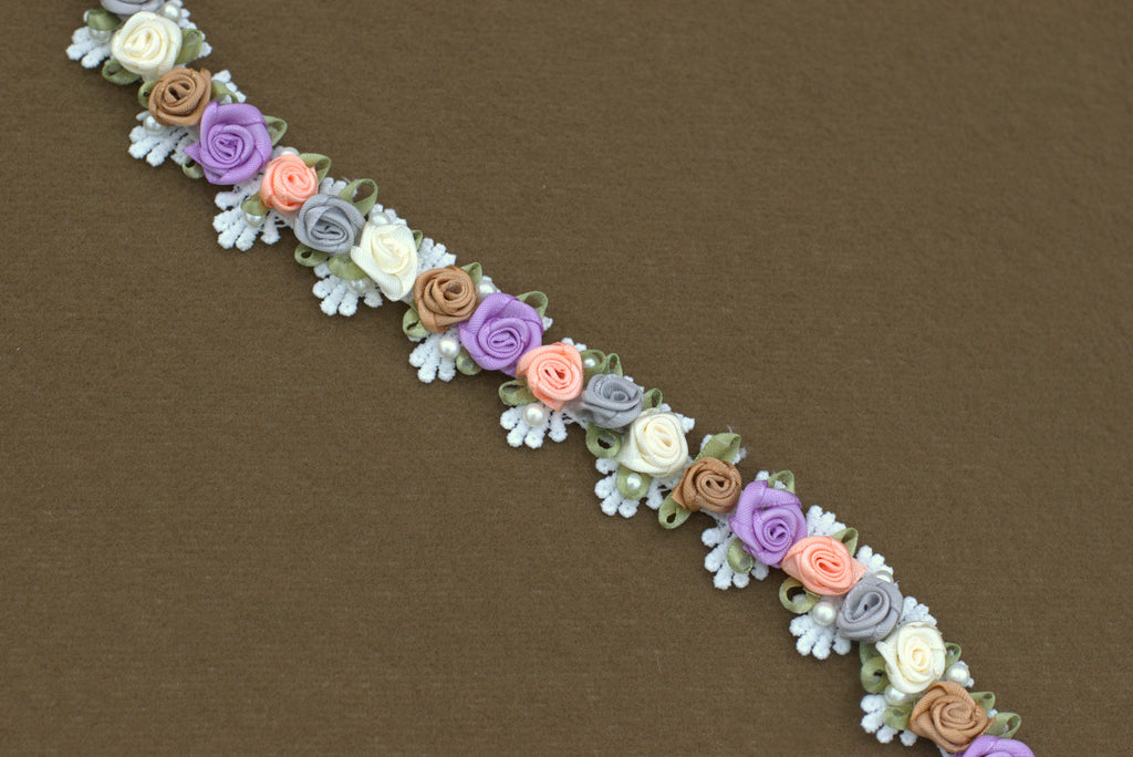 Imported 3D Floral Lace Trim – Multicolor Rose Embroidery (5m / 10m)