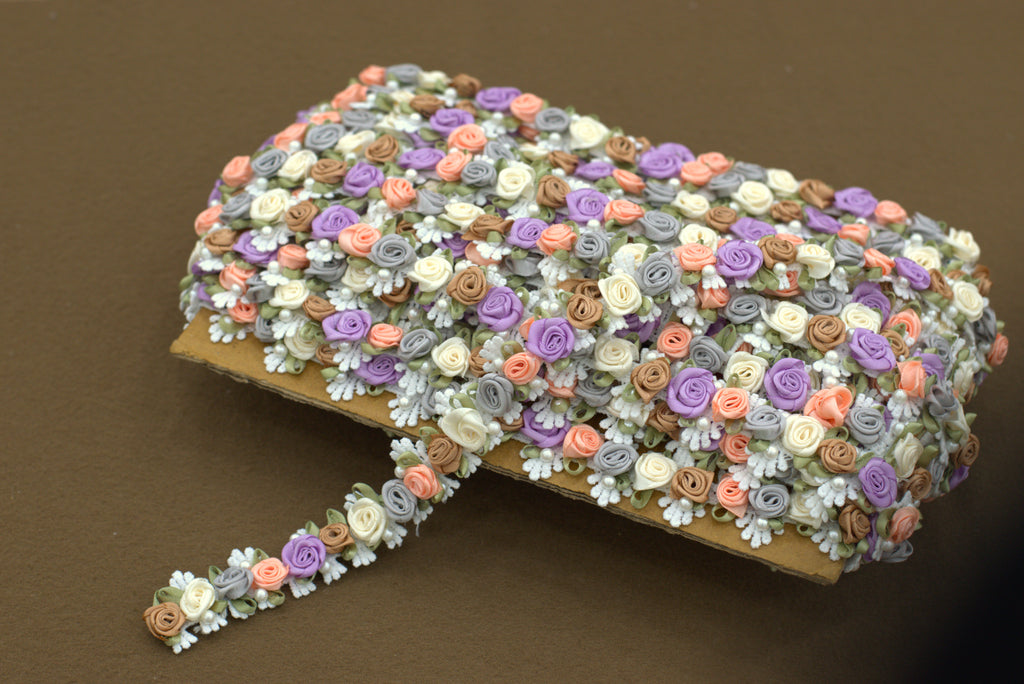 Imported 3D Floral Lace Trim – Multicolor Rose Embroidery (5m / 10m)