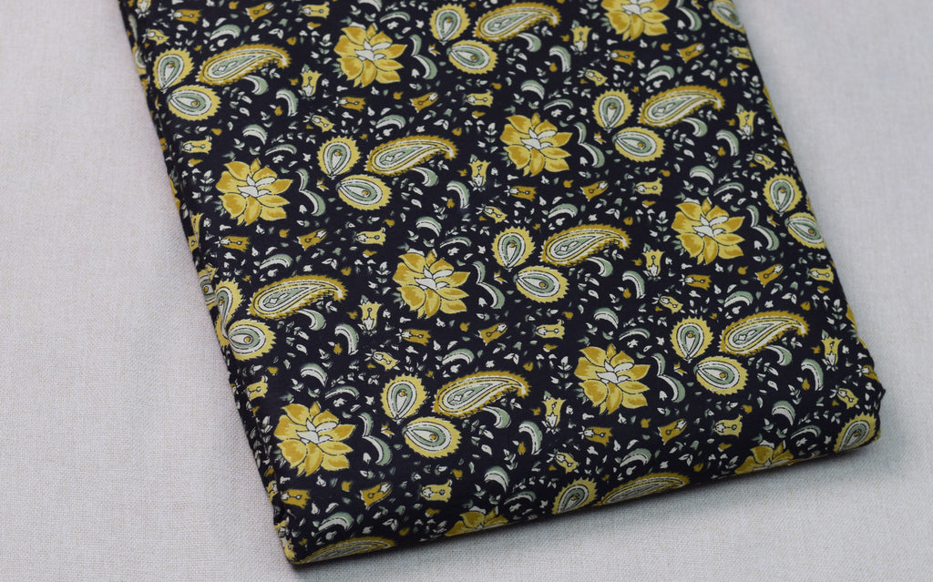 Soft Cotton Floral & Paisley Print Dress Material Top Fabric – Black & Mustard Yellow | 44" Width | 2.5 Meter