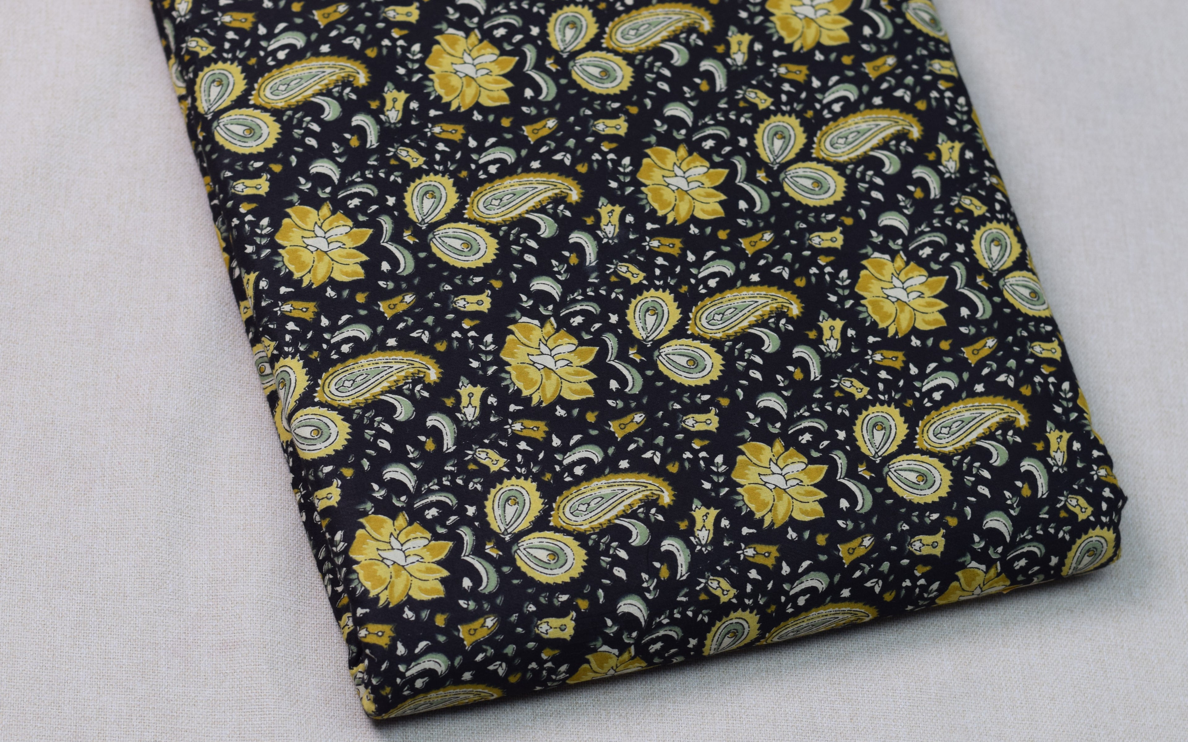 Soft Cotton Floral & Paisley Print Dress Material Top Fabric – Black & Mustard Yellow | 44" Width | 2.5 Meter