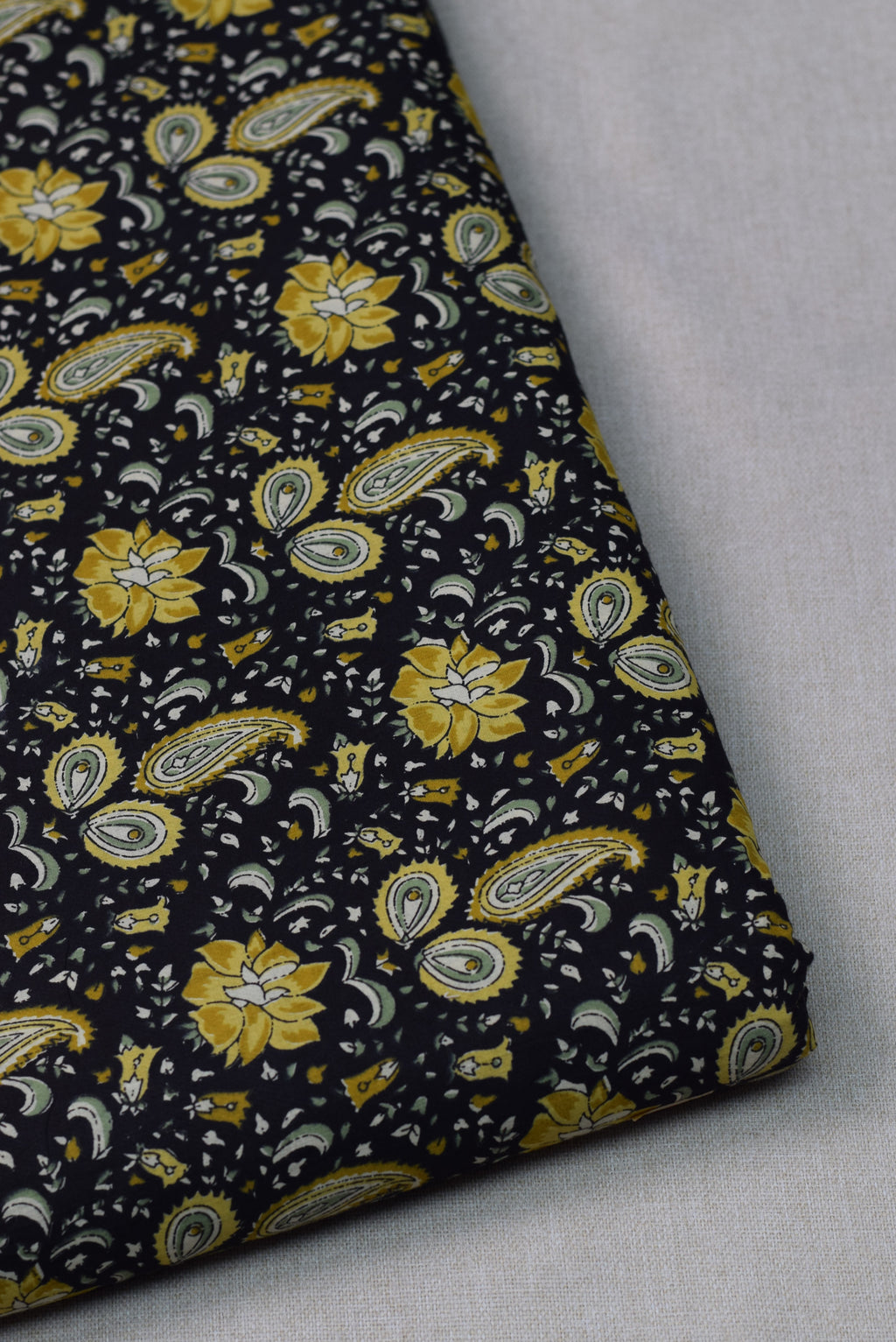 Soft Cotton Floral & Paisley Print Dress Material Top Fabric – Black & Mustard Yellow | 44" Width | 2.5 Meter