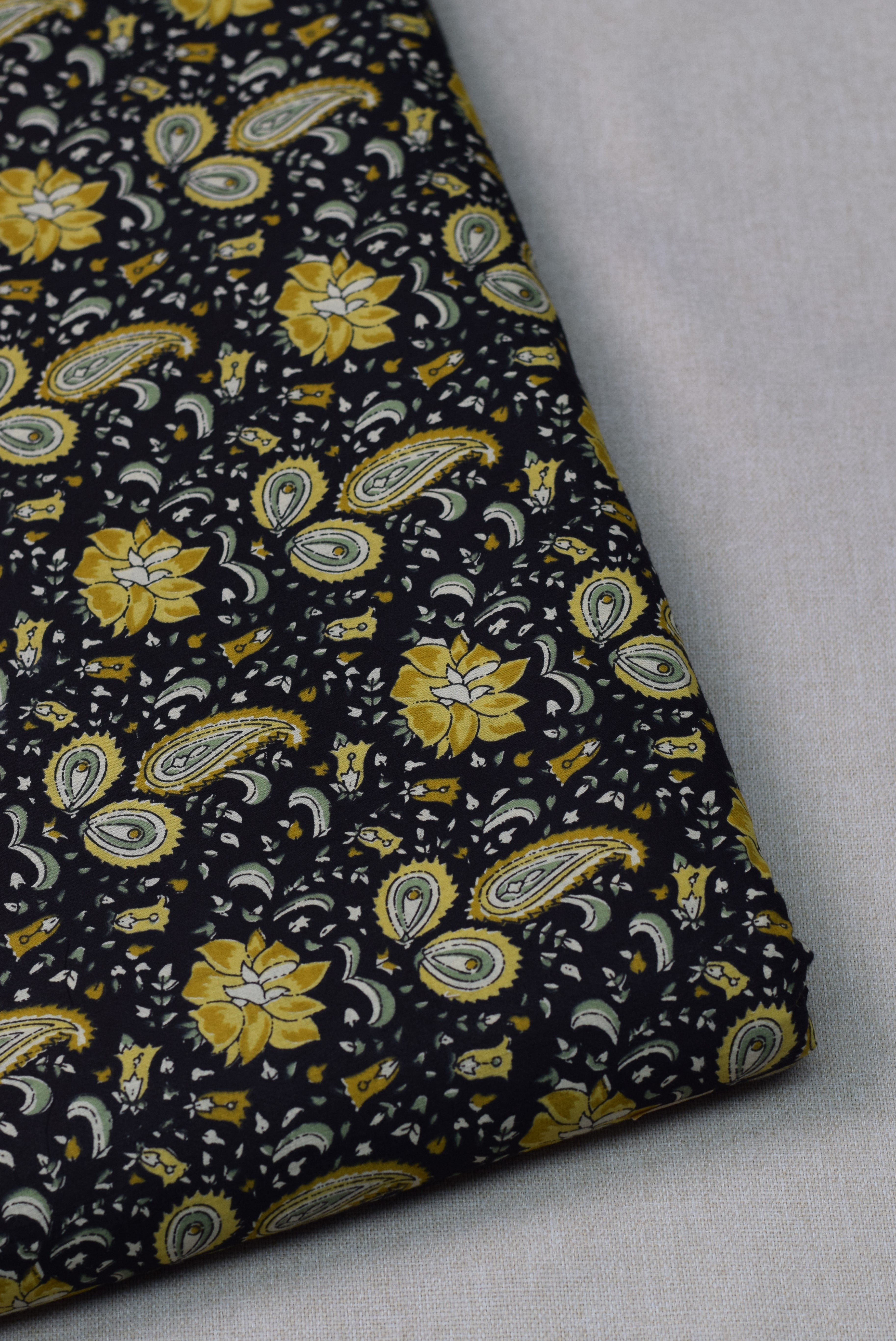 Soft Cotton Floral & Paisley Print Dress Material Top Fabric – Black & Mustard Yellow | 44" Width | 2.5 Meter