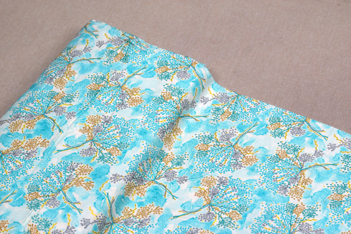 Printed Rayon Fabric – Aqua Blue Botanical Floral Print | 44 Inch Width