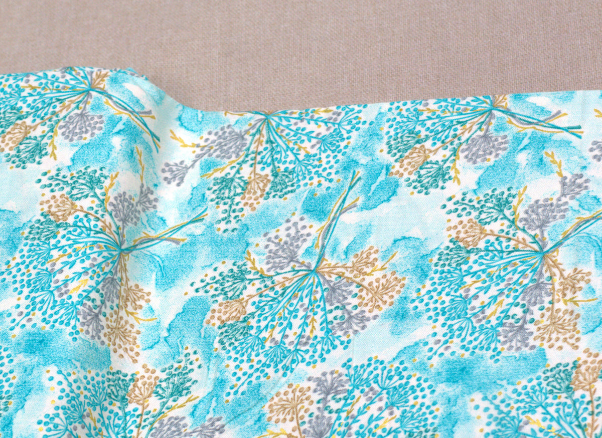 Printed Rayon Fabric – Aqua Blue Botanical Floral Print | 44 Inch Width
