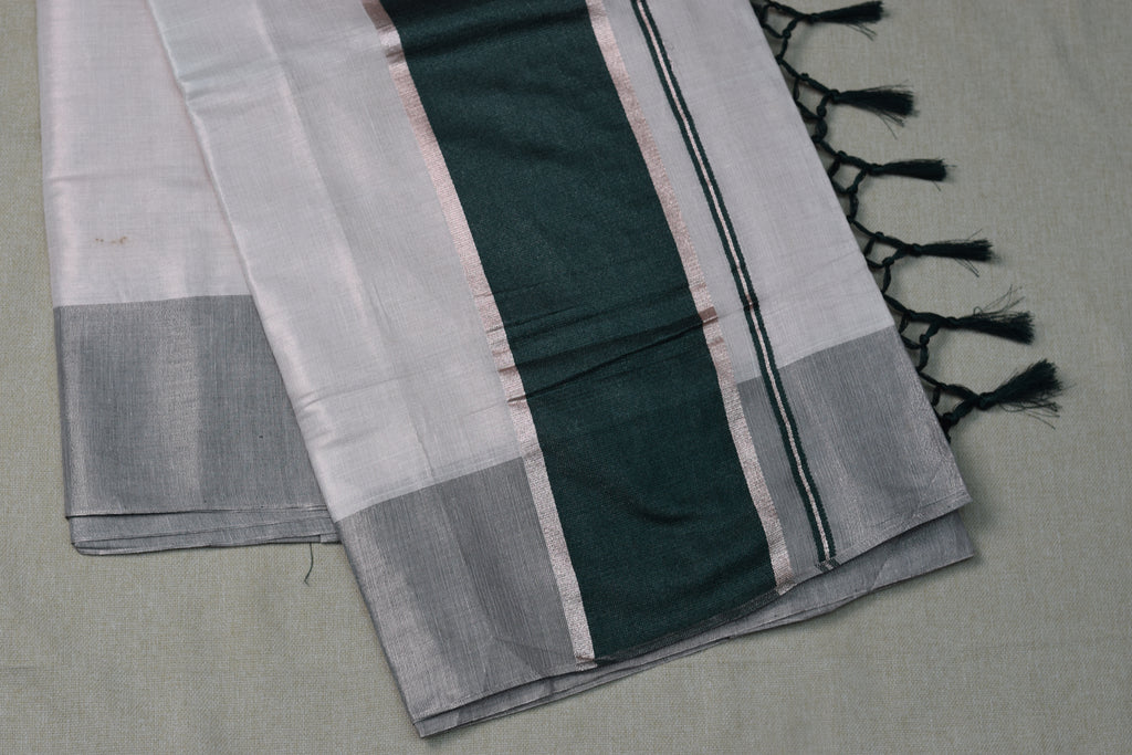 White &amp; Green Kerala Tissue Set Saree with Silver Border & Tassels