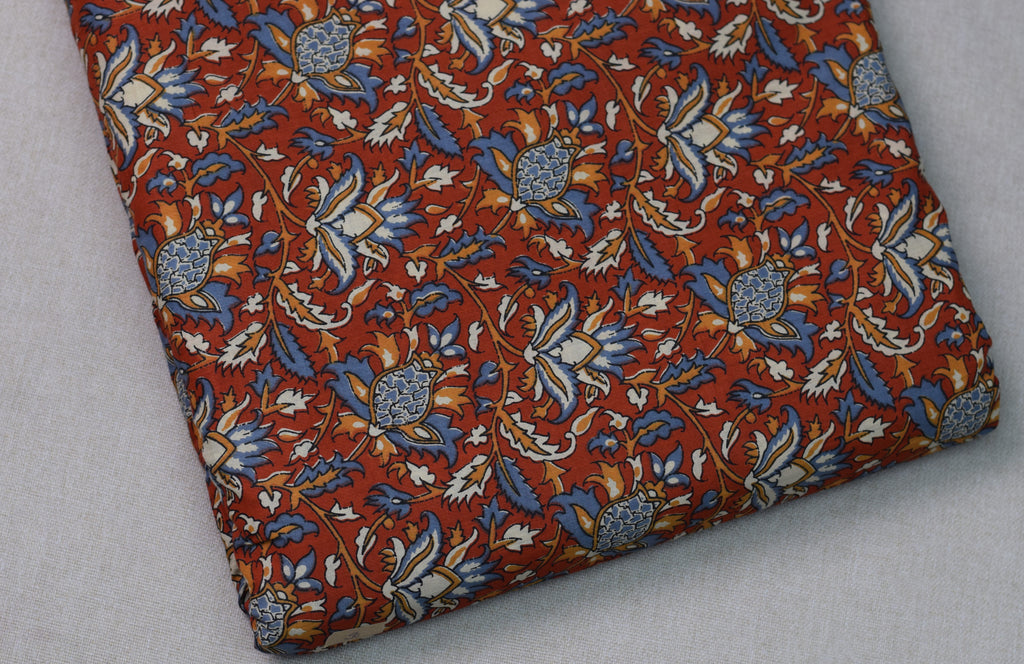 Soft Cotton Floral Printed Dress Material Top Fabric | Rust Red & Blue | 44" Width | 2.5 Meter