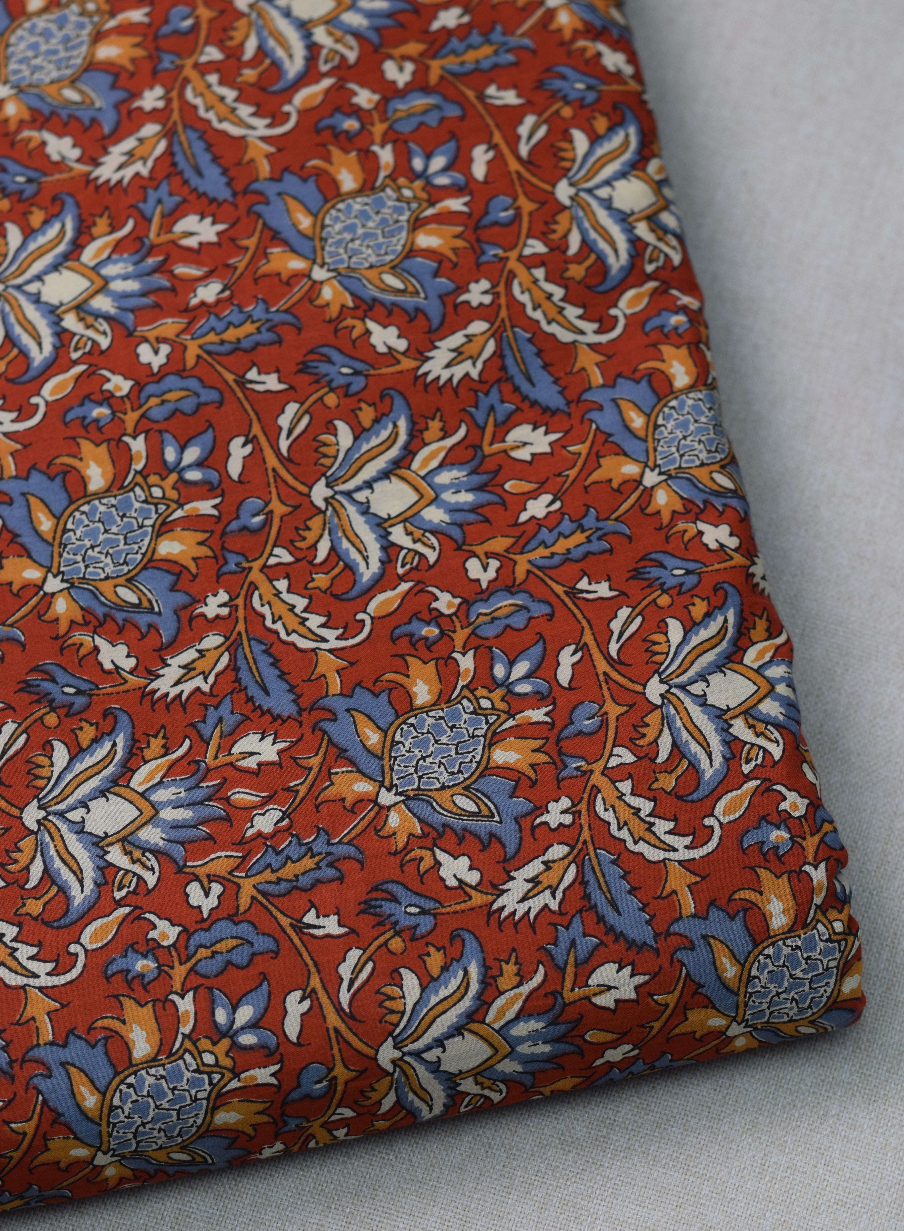 Soft Cotton Floral Printed Dress Material Top Fabric | Rust Red & Blue | 44" Width | 2.5 Meter