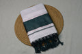 White &amp; Green Kerala Tissue Set Saree with Silver Border & Tassels