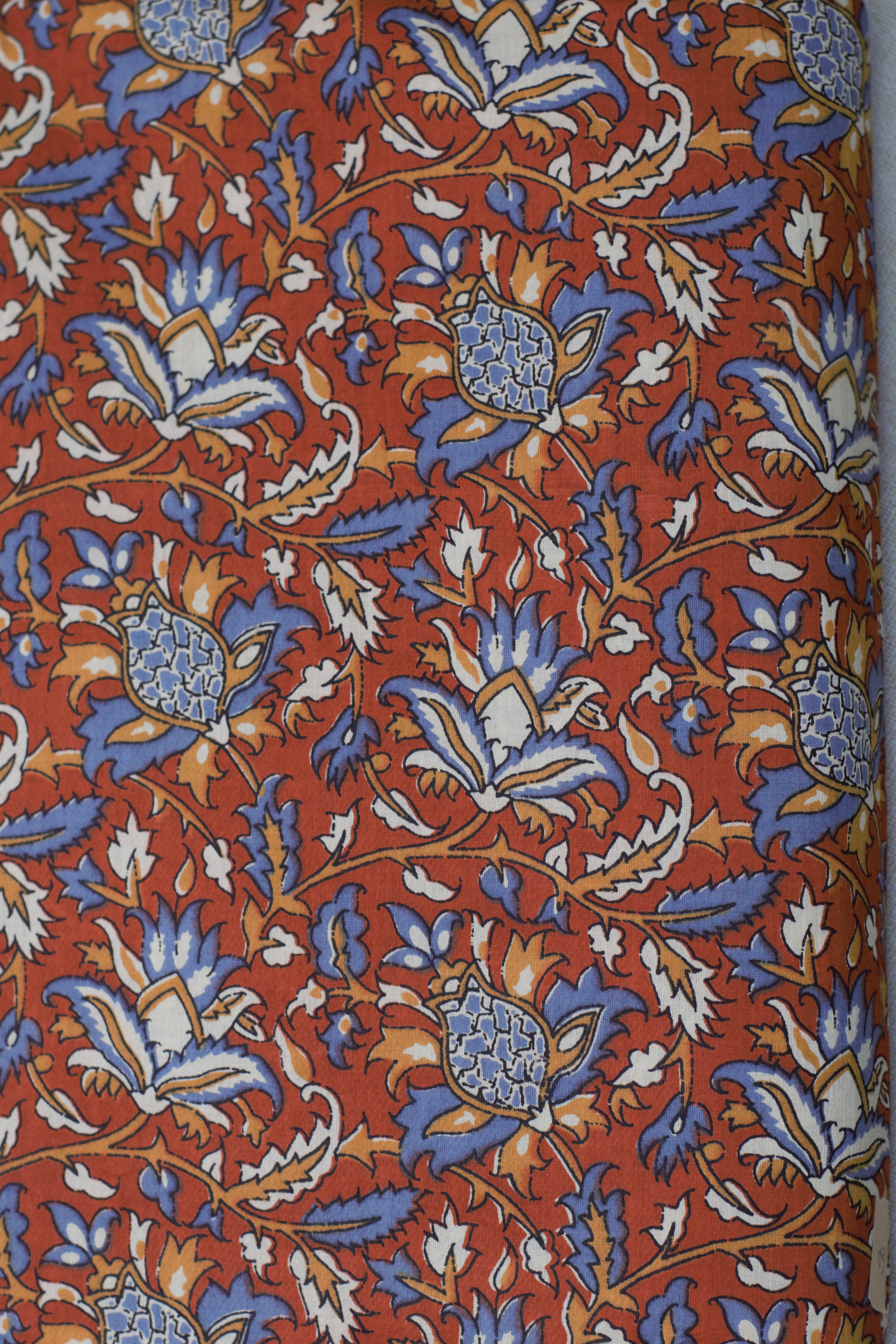 Soft Cotton Floral Printed Dress Material Top Fabric | Rust Red & Blue | 44" Width | 2.5 Meter