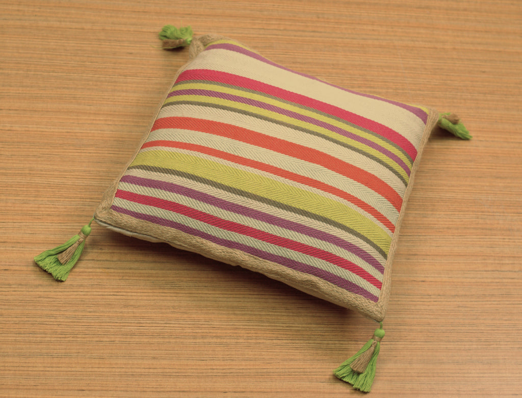 Multicolour Striped Cushion Cover 16 x 16 Inch with Tassels | Nushio by Pulpel