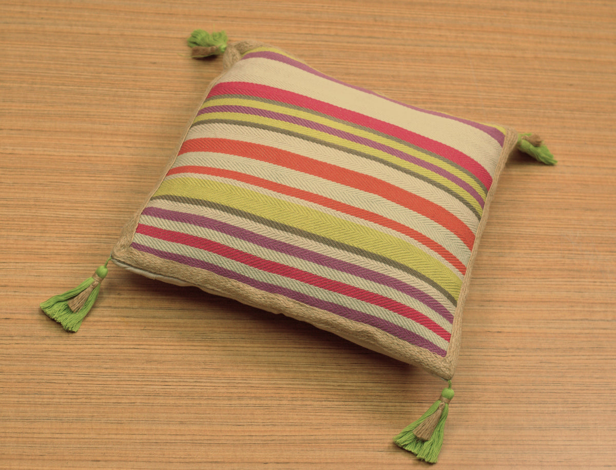 Multicolour Striped Cushion Cover 16 x 16 Inch with Tassels | Nushio by Pulpel