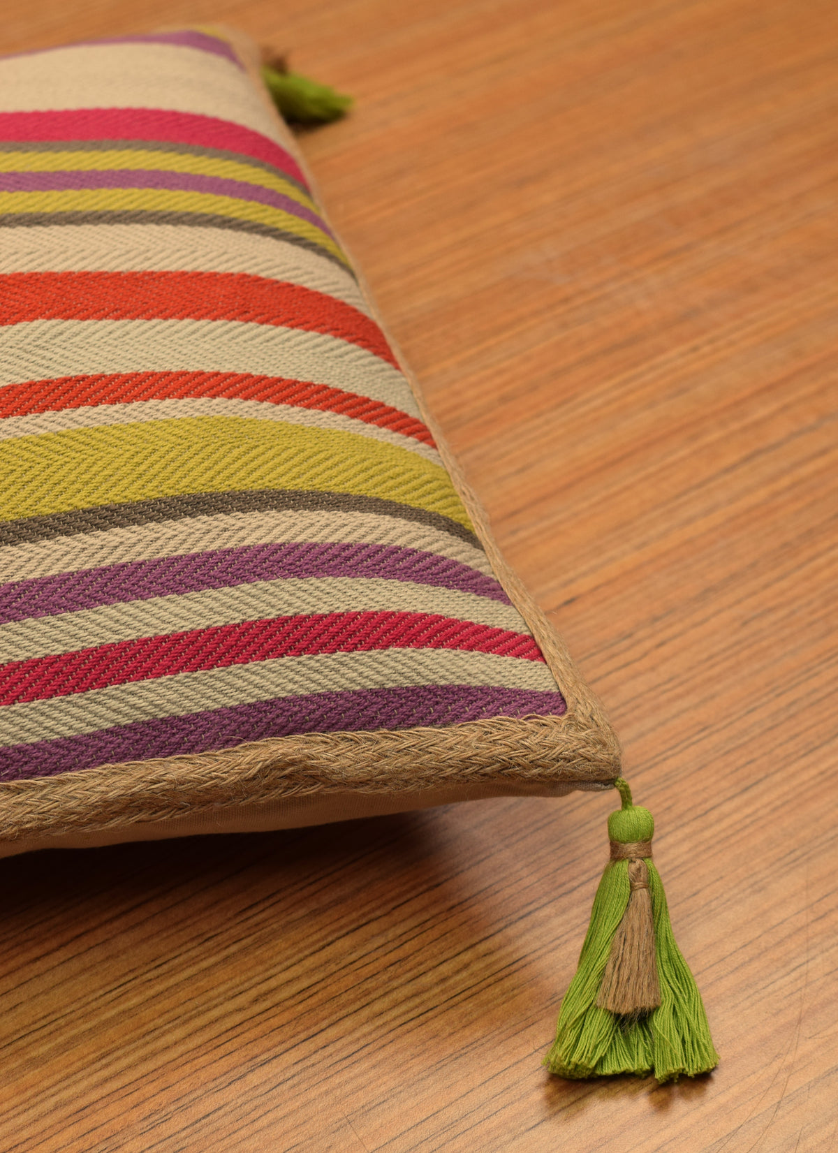 Multicolour Striped Cushion Cover 16 x 16 Inch with Tassels | Nushio by Pulpel
