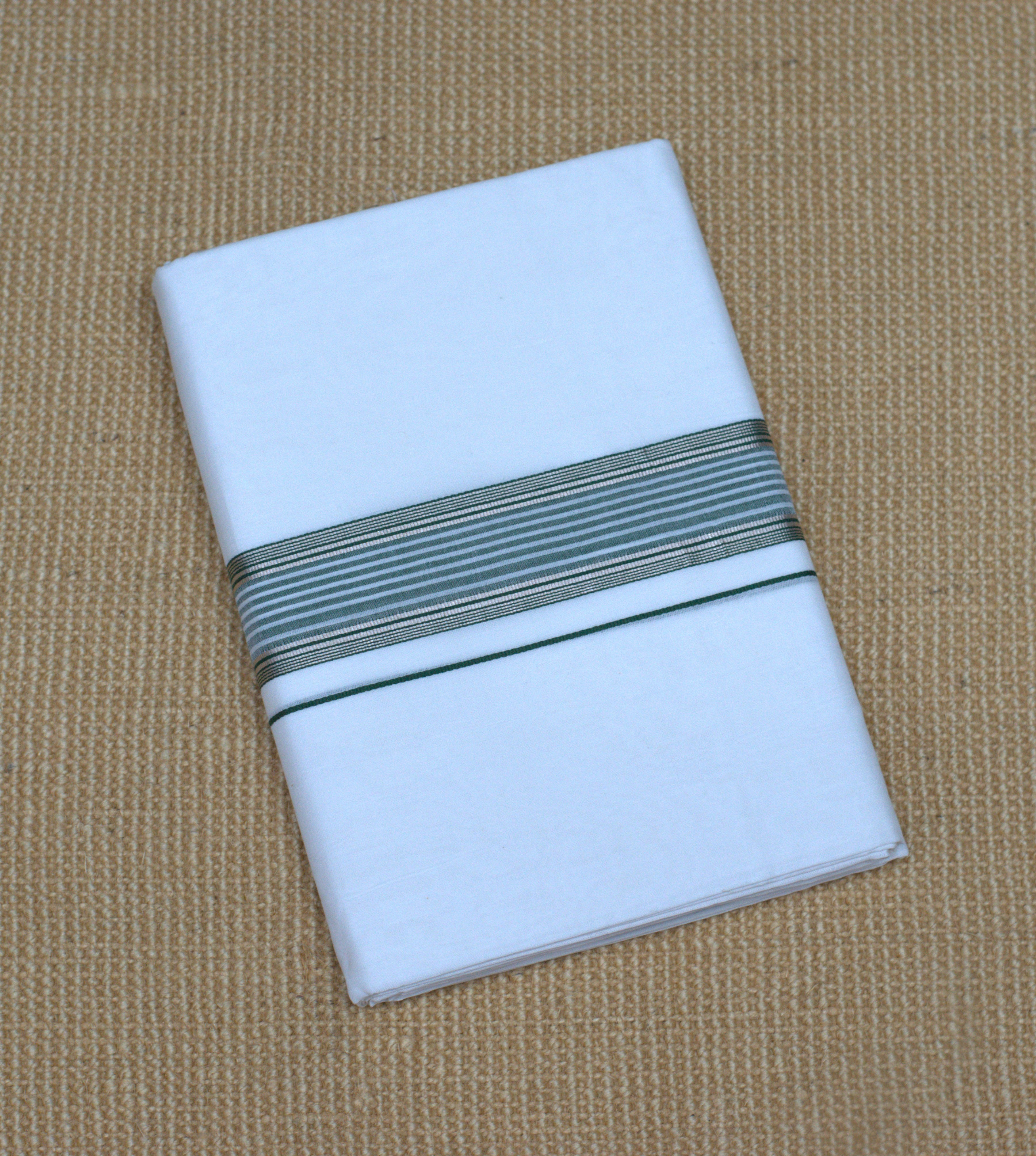 Premium Cotton Double Mundu with Green Kasavu Border – Traditional Kerala Wear