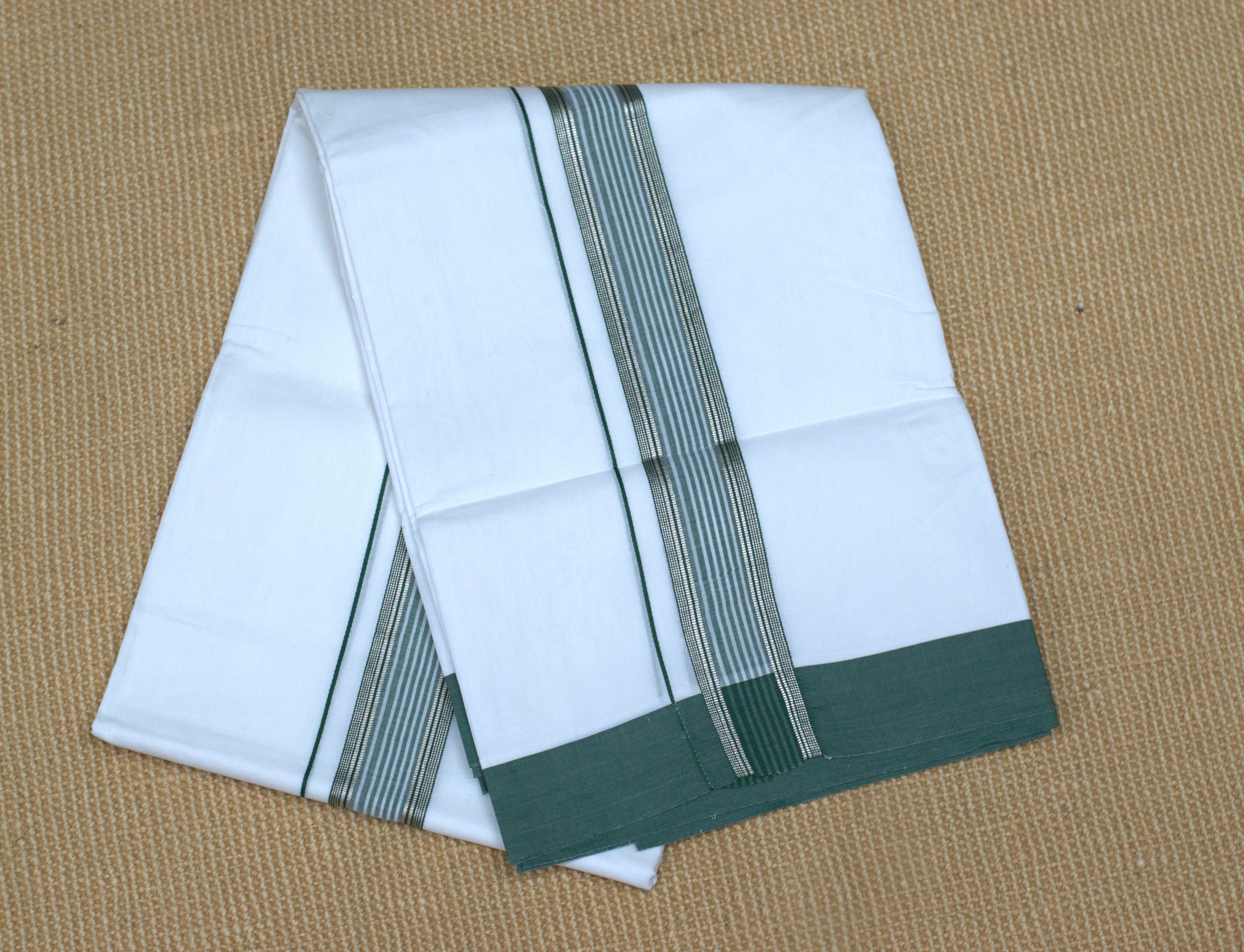 Premium Cotton Double Mundu with Green Kasavu Border – Traditional Kerala Wear