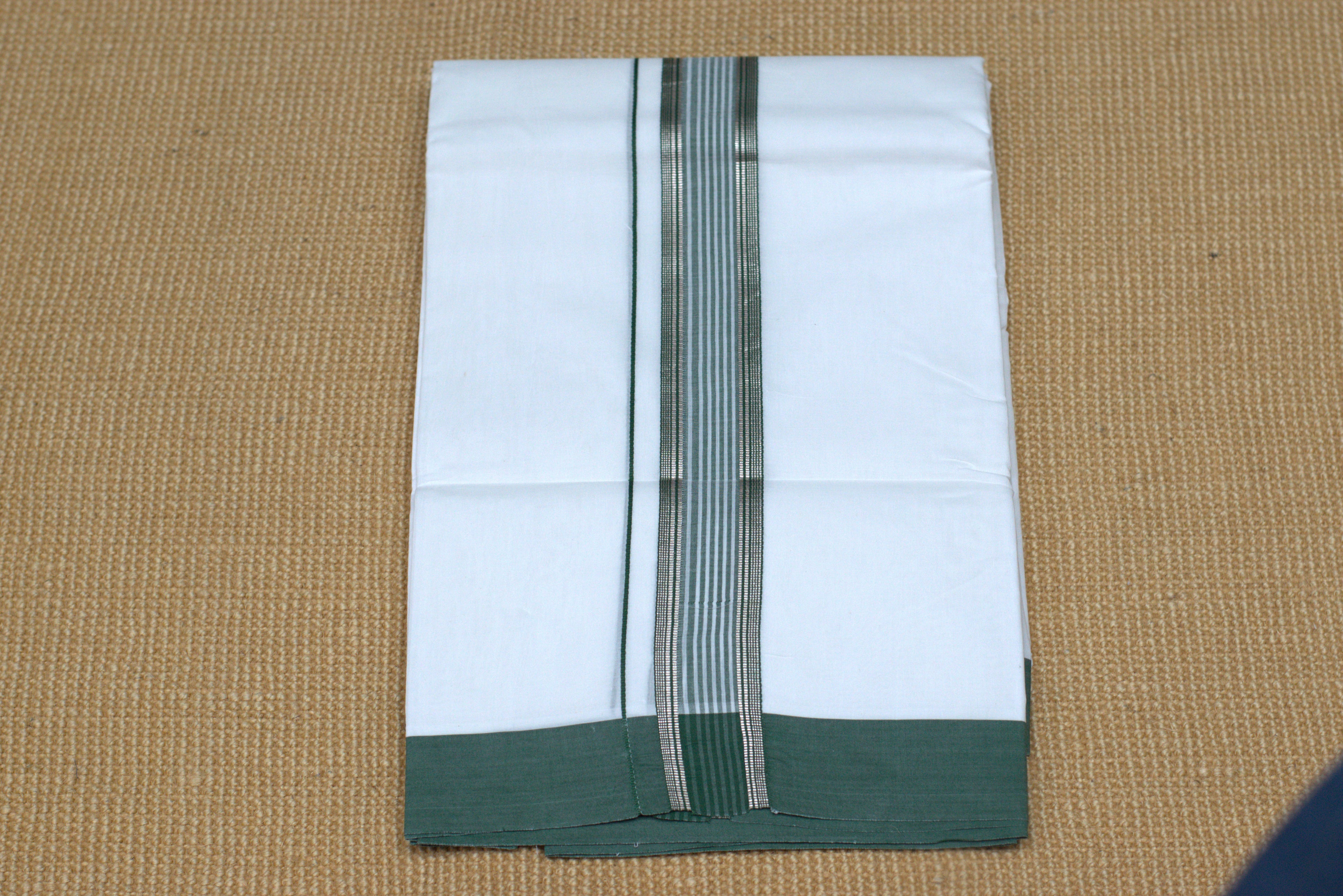 Premium Cotton Double Mundu with Green Kasavu Border – Traditional Kerala Wear