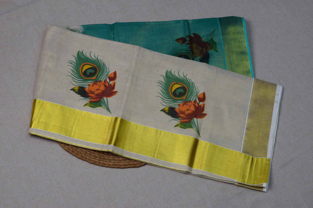 Kerala Kasavu Cotton Saree with Teal Tissue Pallu & Peacock Feather Block Print