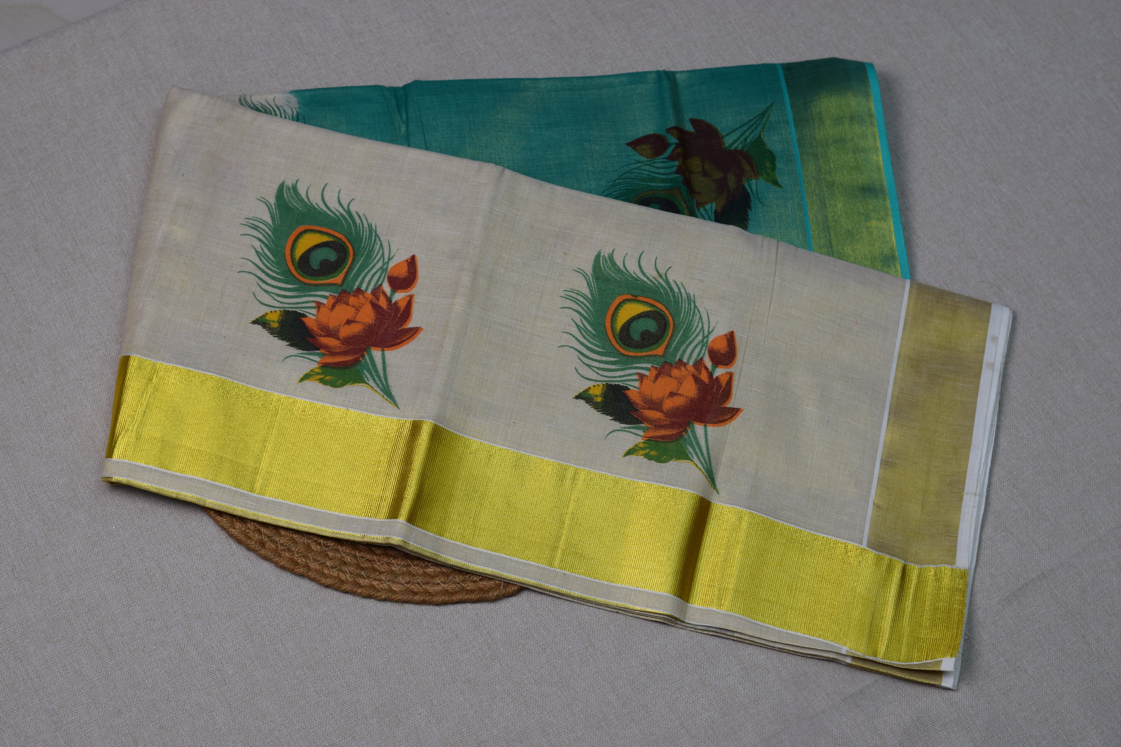 Kerala Kasavu Cotton Saree with Teal Tissue Pallu & Peacock Feather Block Print