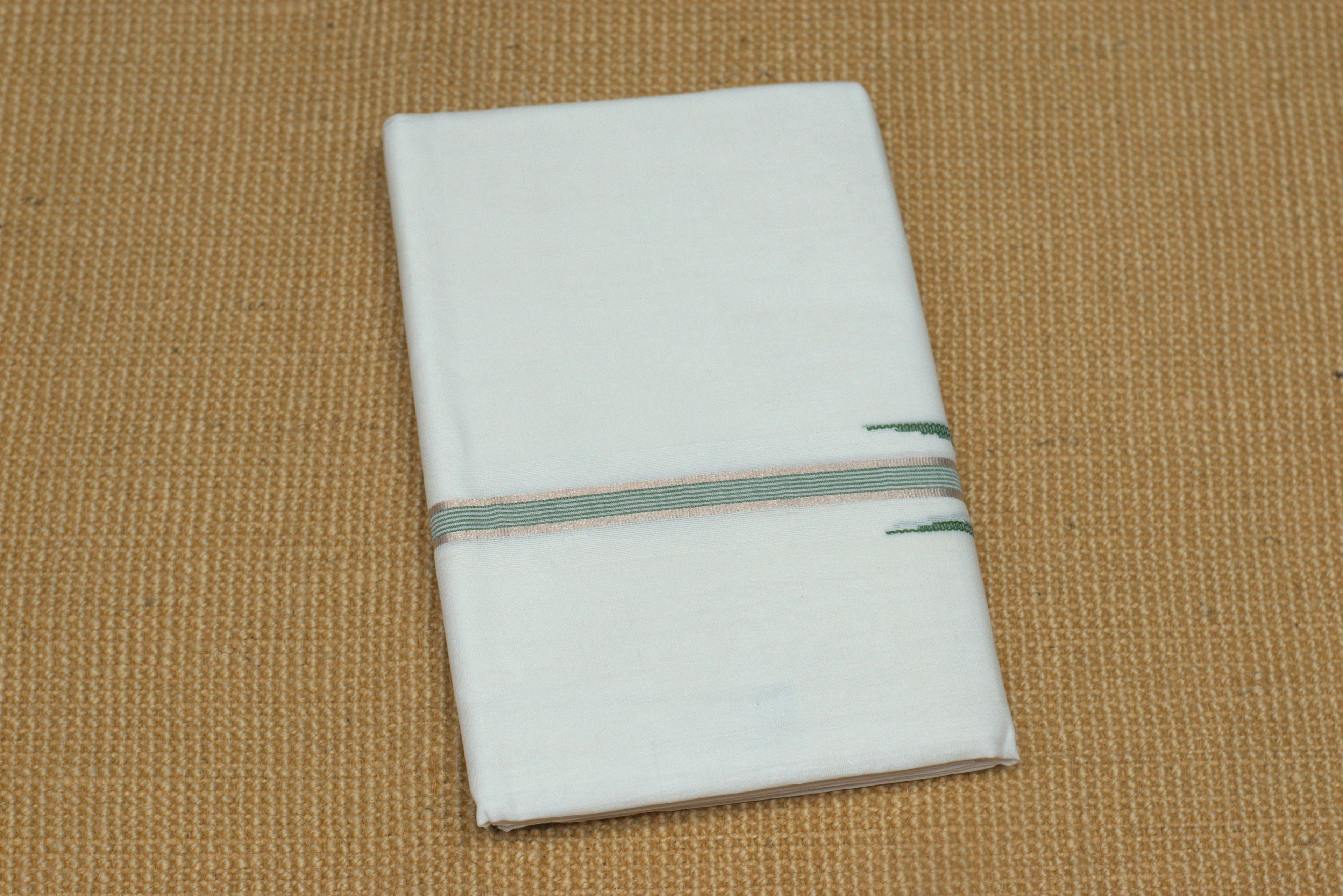 Premium White Cotton Double Mundu with Green Kasavu Border