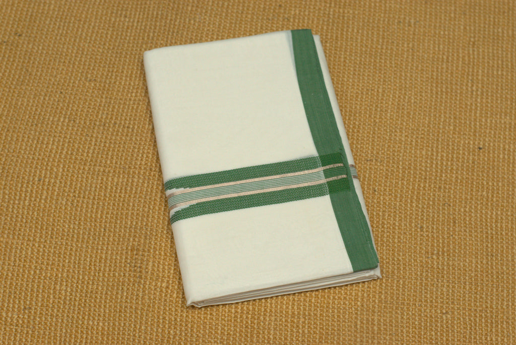 Premium White Cotton Double Mundu with Green Kasavu Border