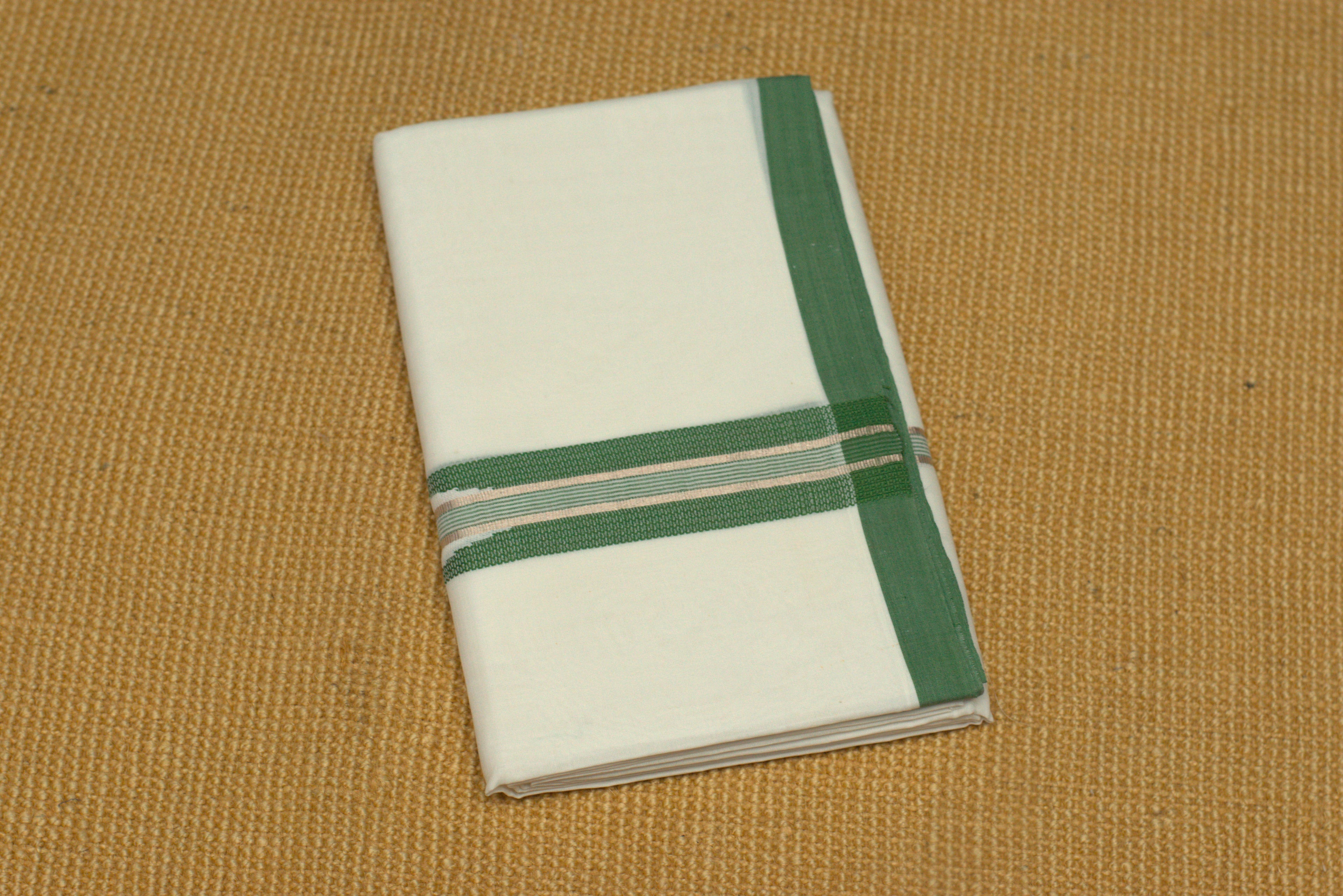 Premium White Cotton Double Mundu with Green Kasavu Border