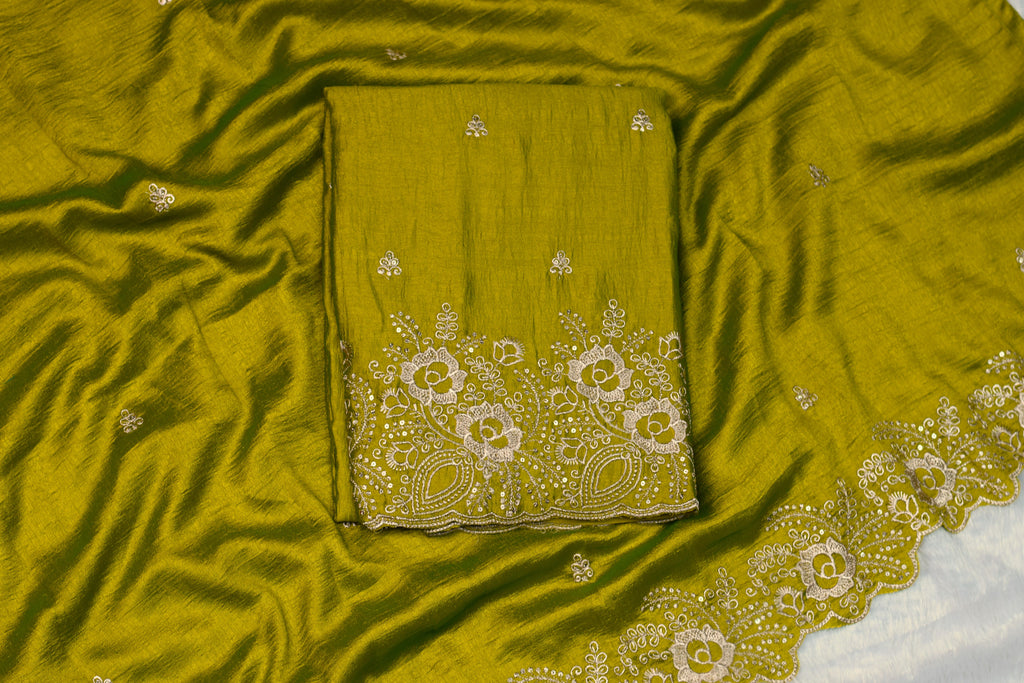 Green Embroidered Churidar Set Material with Floral Border- vichitra silk