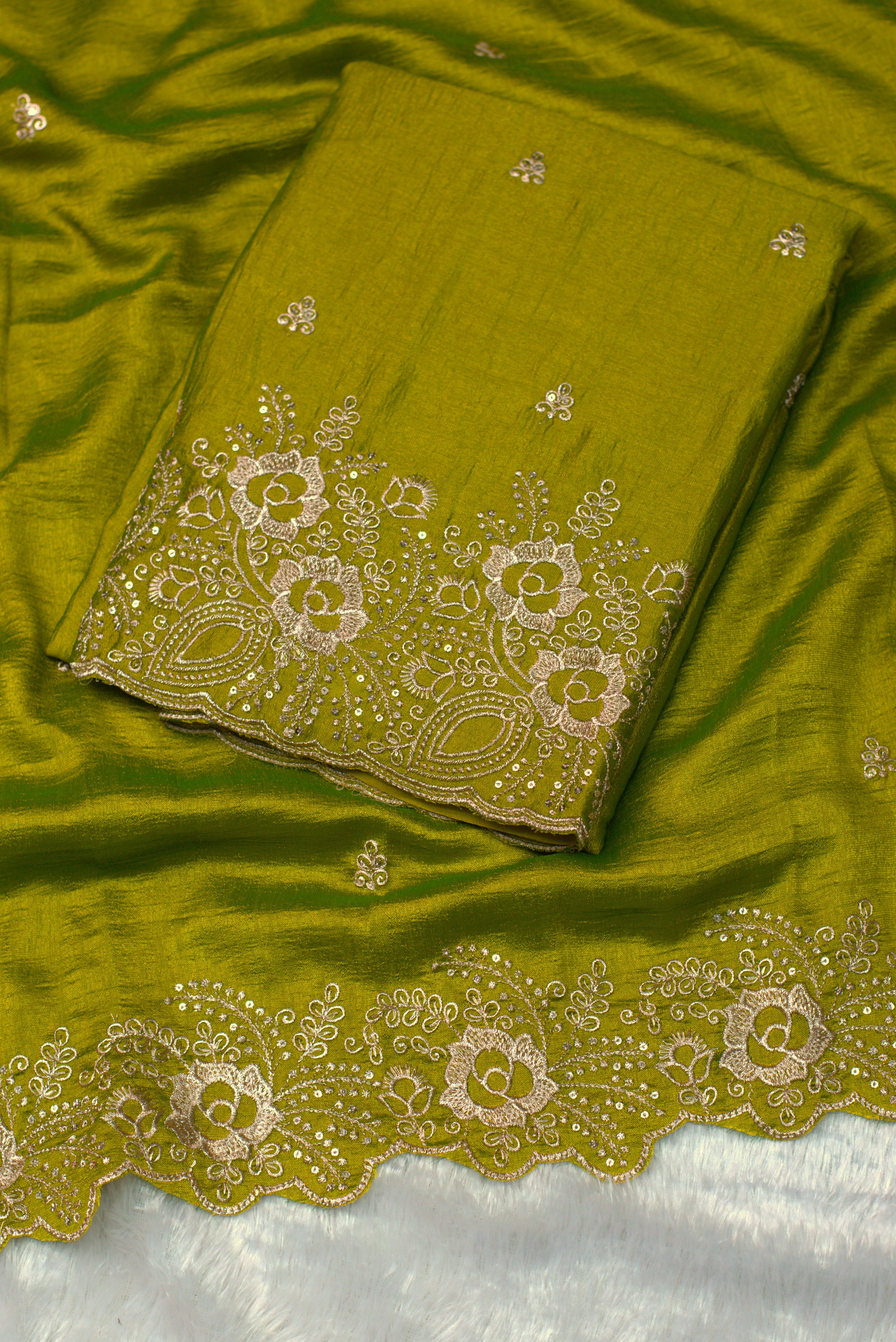Green Embroidered Churidar Set Material with Floral Border- vichitra silk