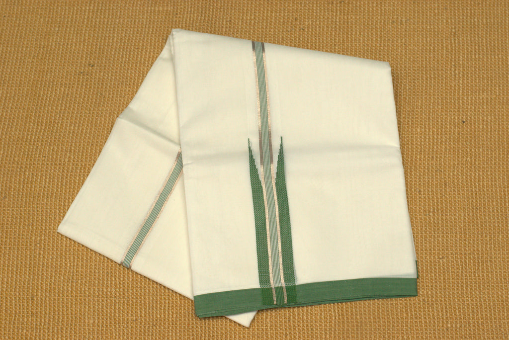 Premium White Cotton Double Mundu with Green Kasavu Border