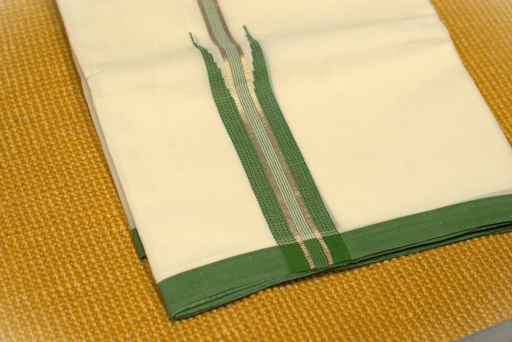 Premium White Cotton Double Mundu with Green Kasavu Border