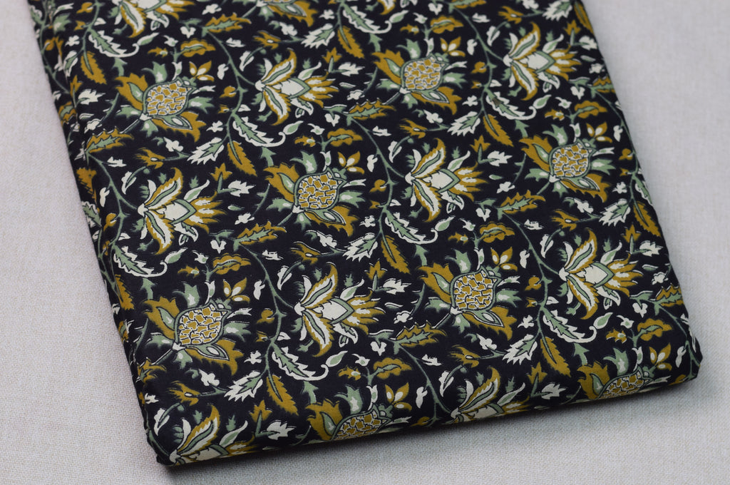 Soft Cotton Floral Printed Dress Material Top Fabric – Black & Mustard | 44" Width | 2.5 Meter