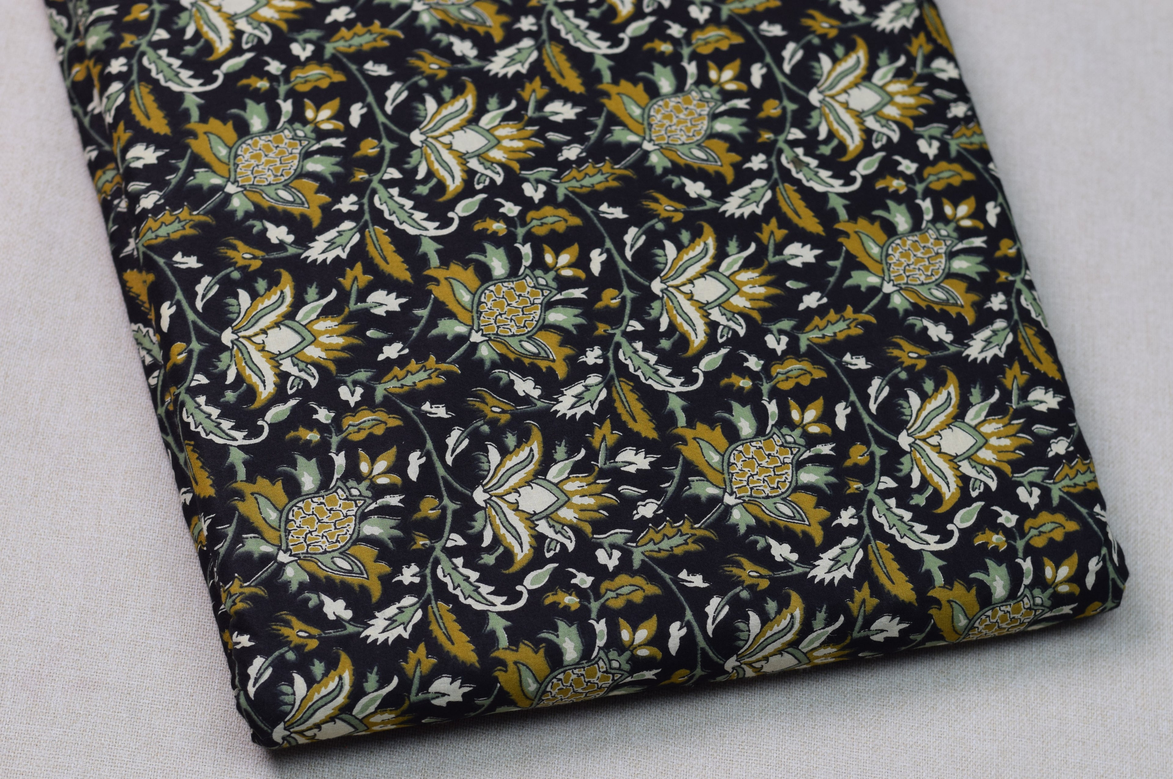 Soft Cotton Floral Printed Dress Material Top Fabric – Black & Mustard | 44" Width | 2.5 Meter