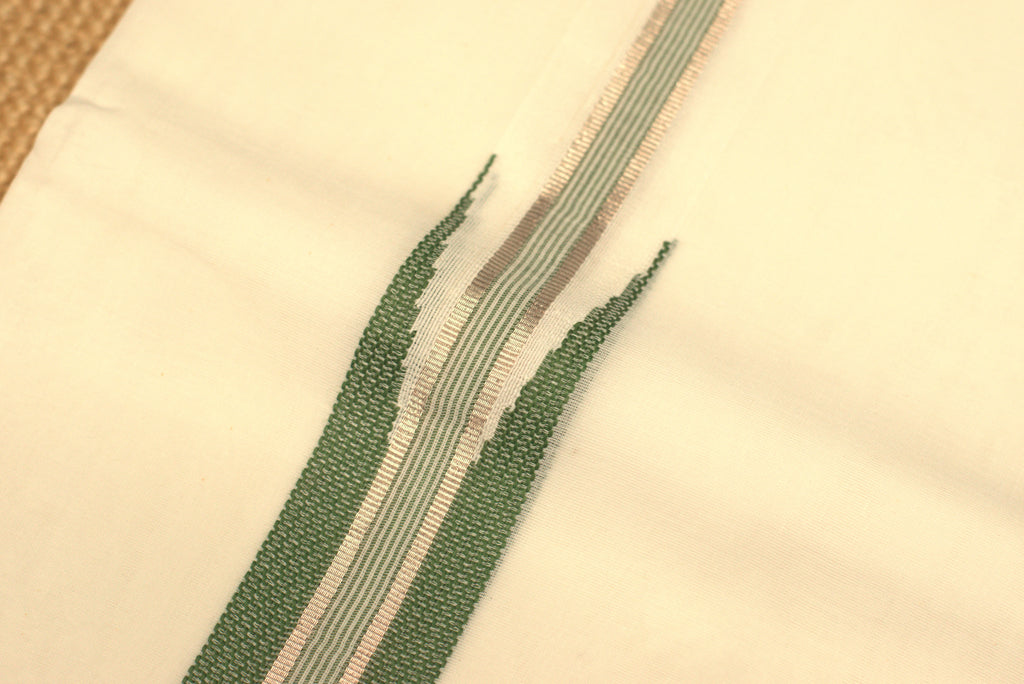 Premium White Cotton Double Mundu with Green Kasavu Border