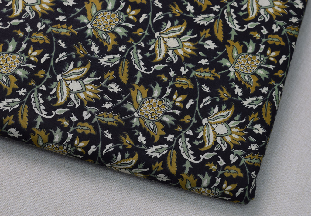 Soft Cotton Floral Printed Dress Material Top Fabric – Black & Mustard | 44" Width | 2.5 Meter