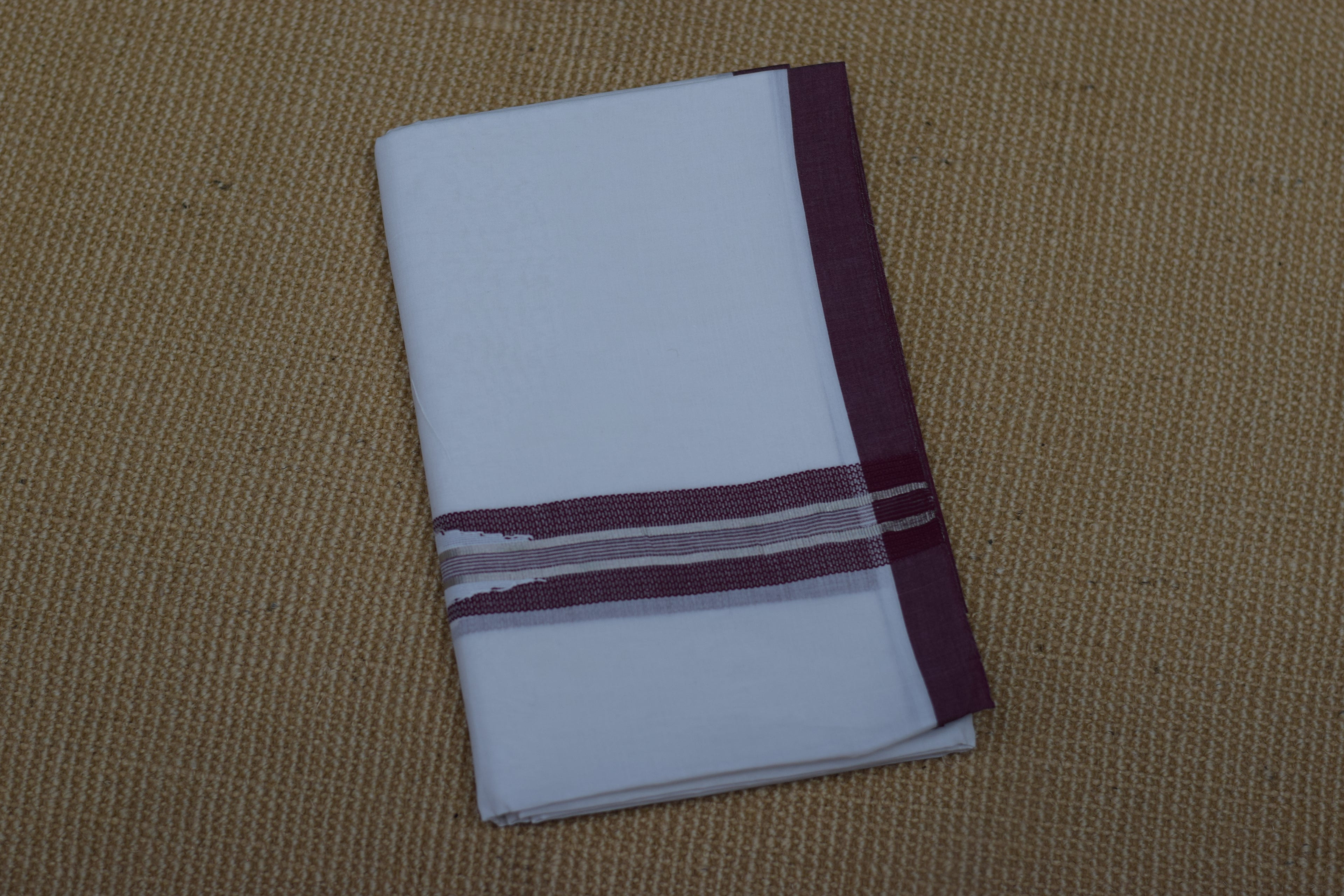 Premium Cotton Double Mundu with Maroon Kasavu Border