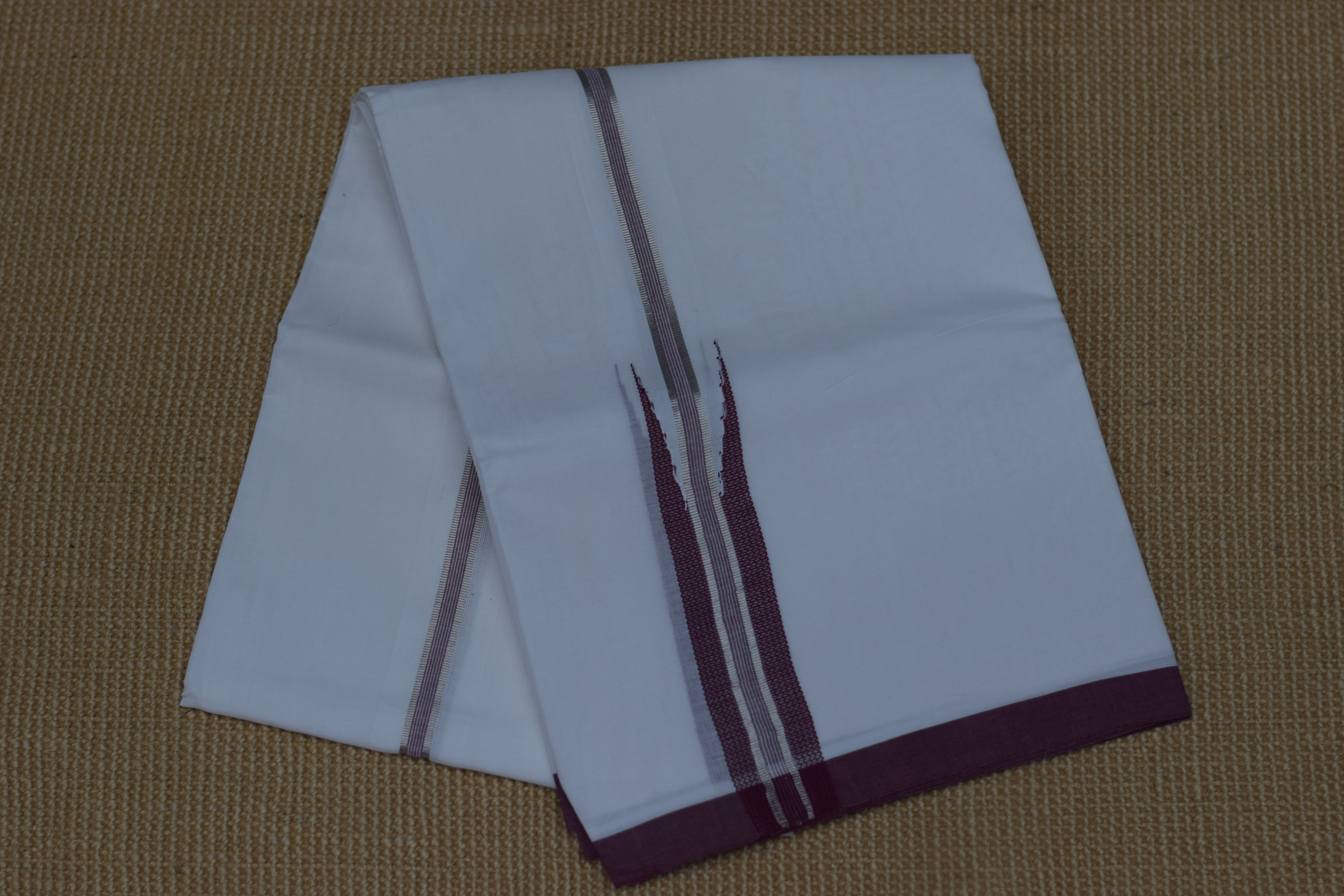 Premium Cotton Double Mundu with Maroon Kasavu Border