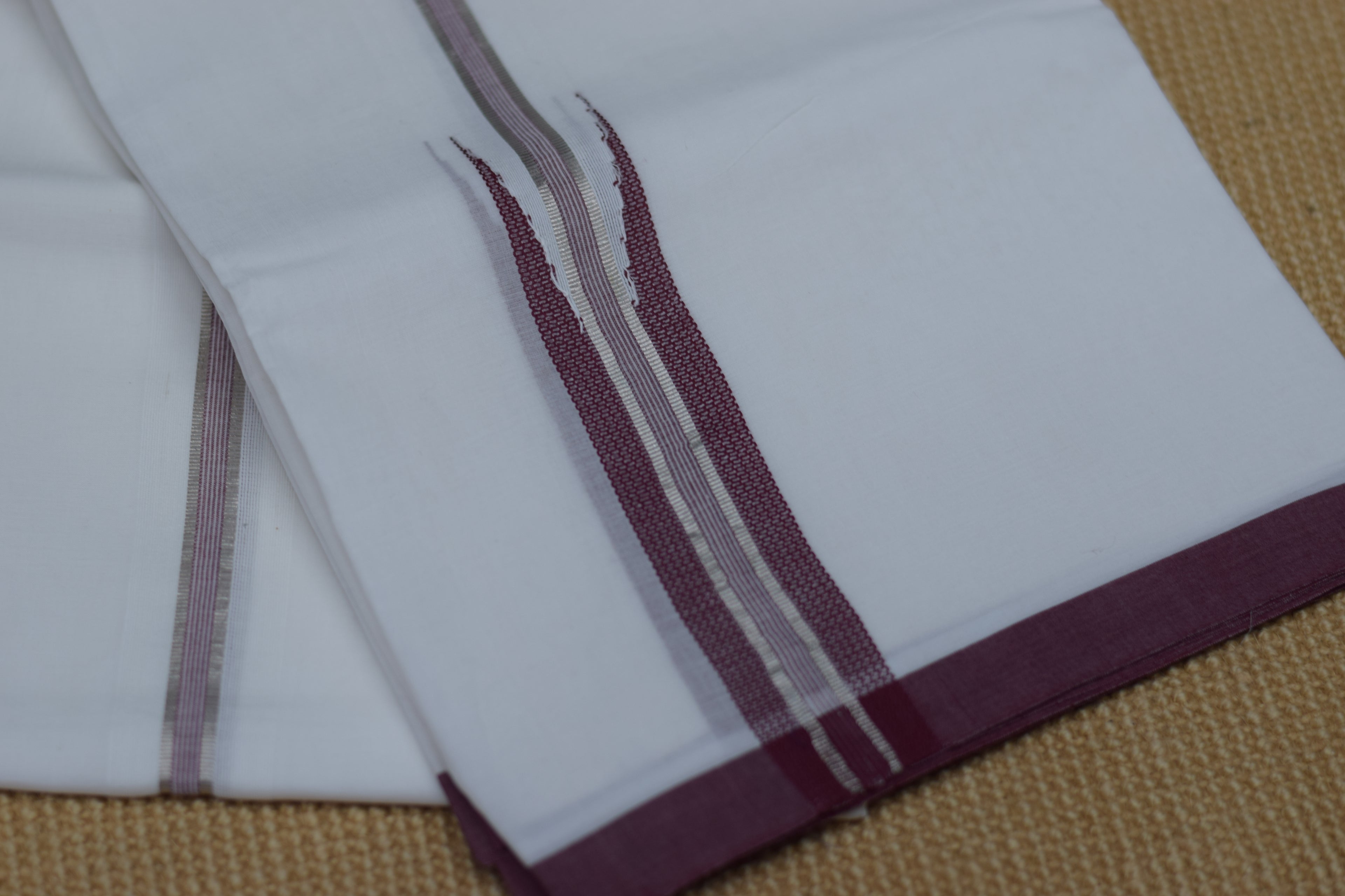Premium Cotton Double Mundu with Maroon Kasavu Border