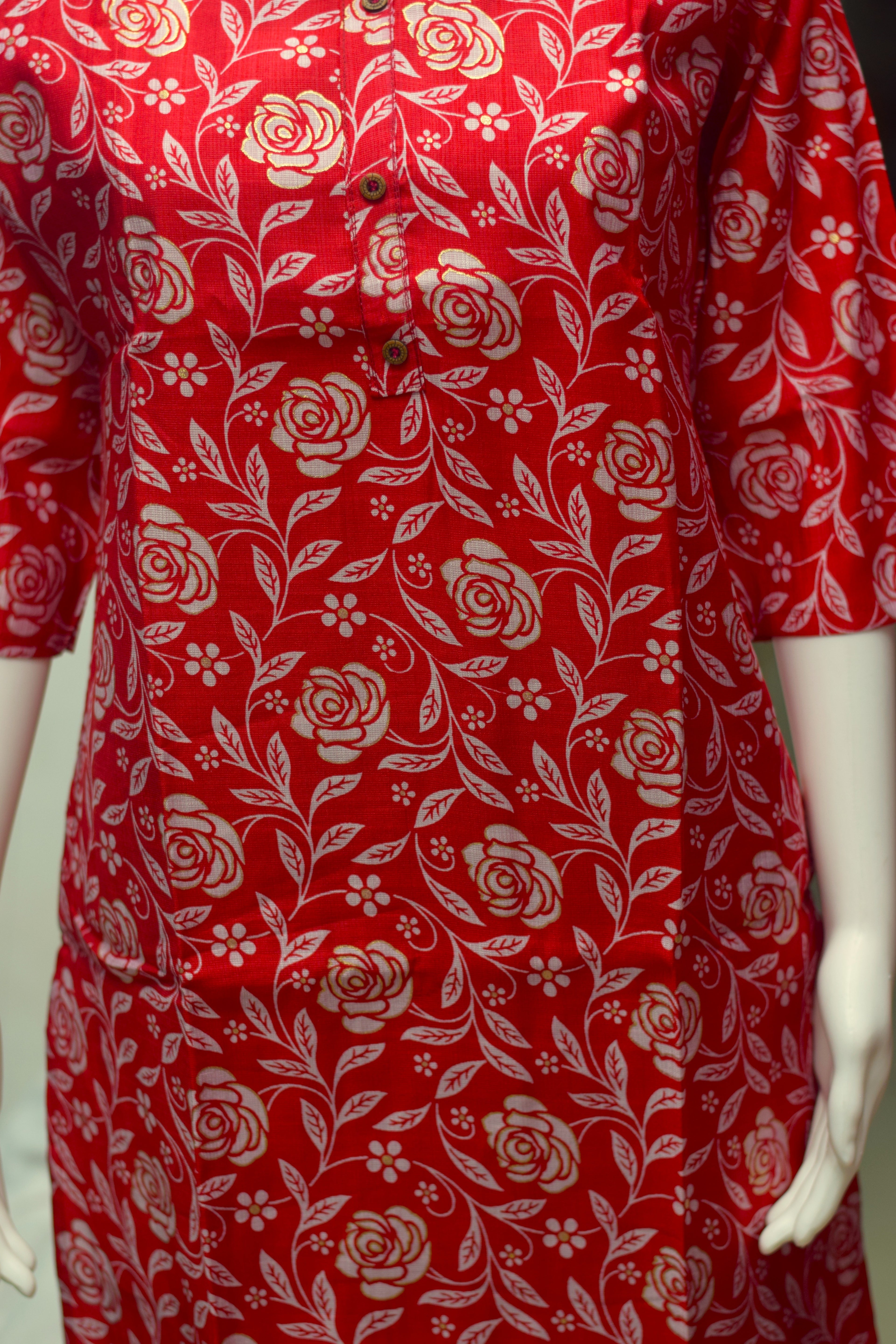 Women’s Red Floral Printed Cotton churidar Top – L Size | Casual Comfort Tunic