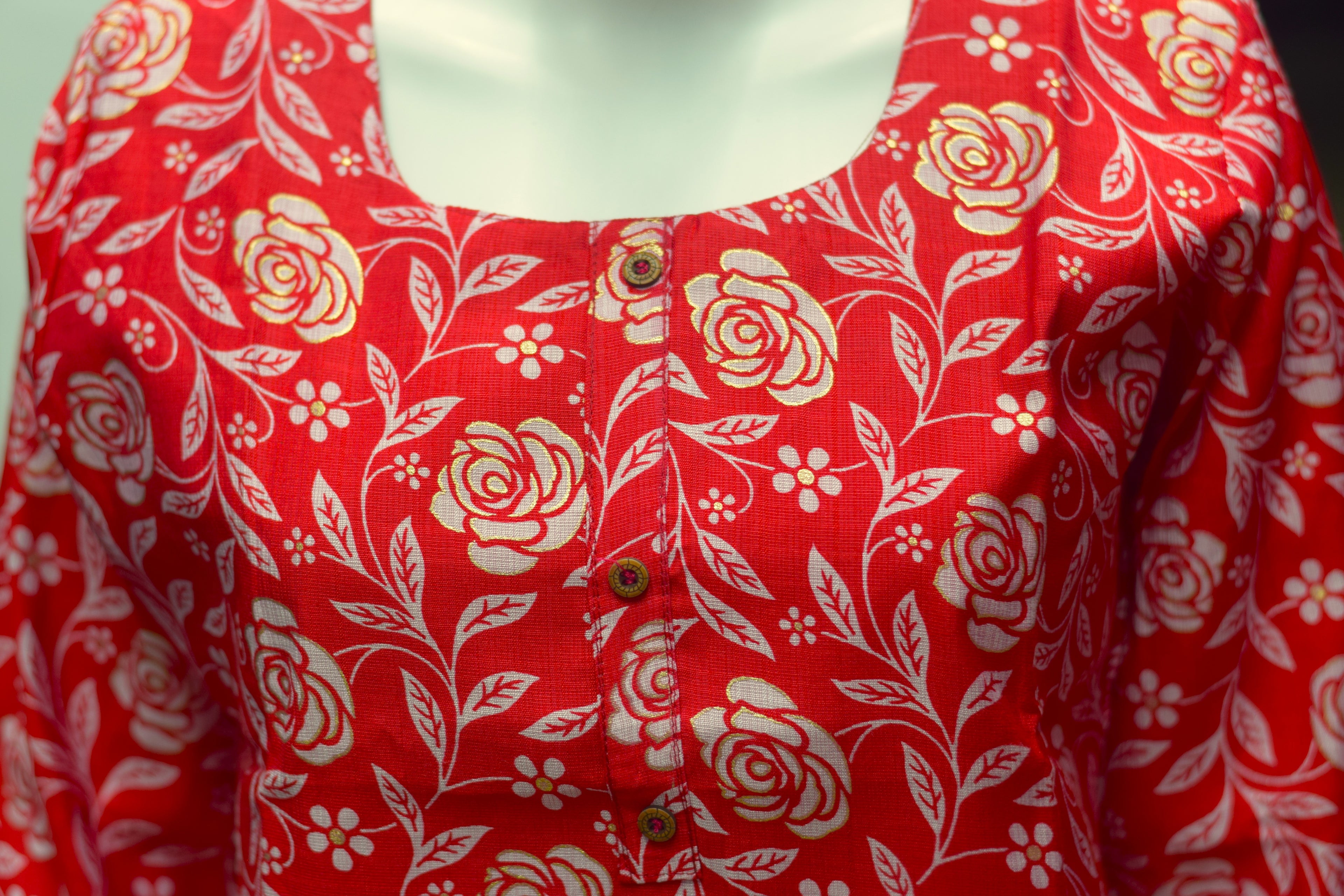 Women’s Red Floral Printed Cotton churidar Top – L Size | Casual Comfort Tunic