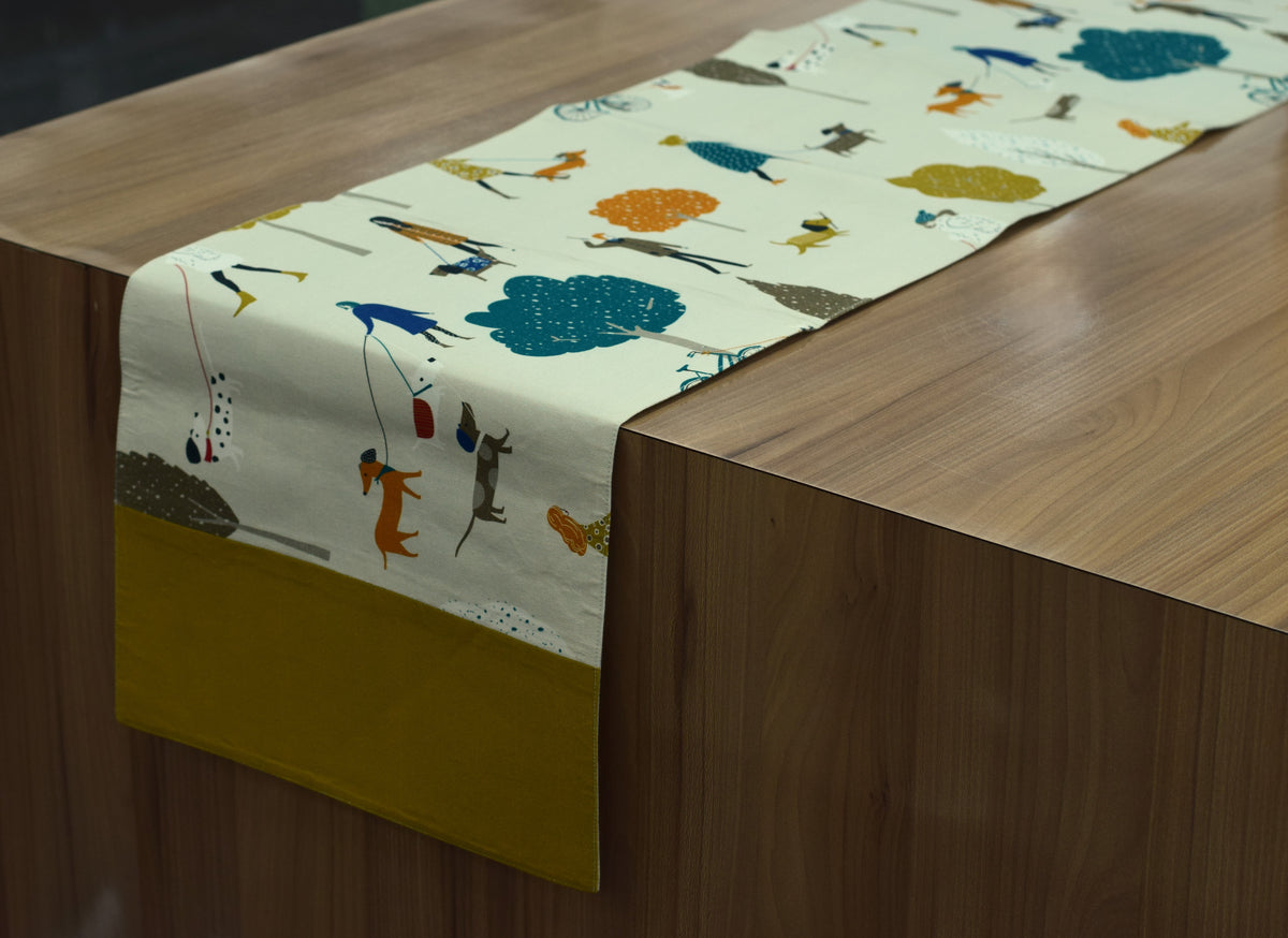 Cream Printed Table Runner with Mustard Border – 160 × 35 cm