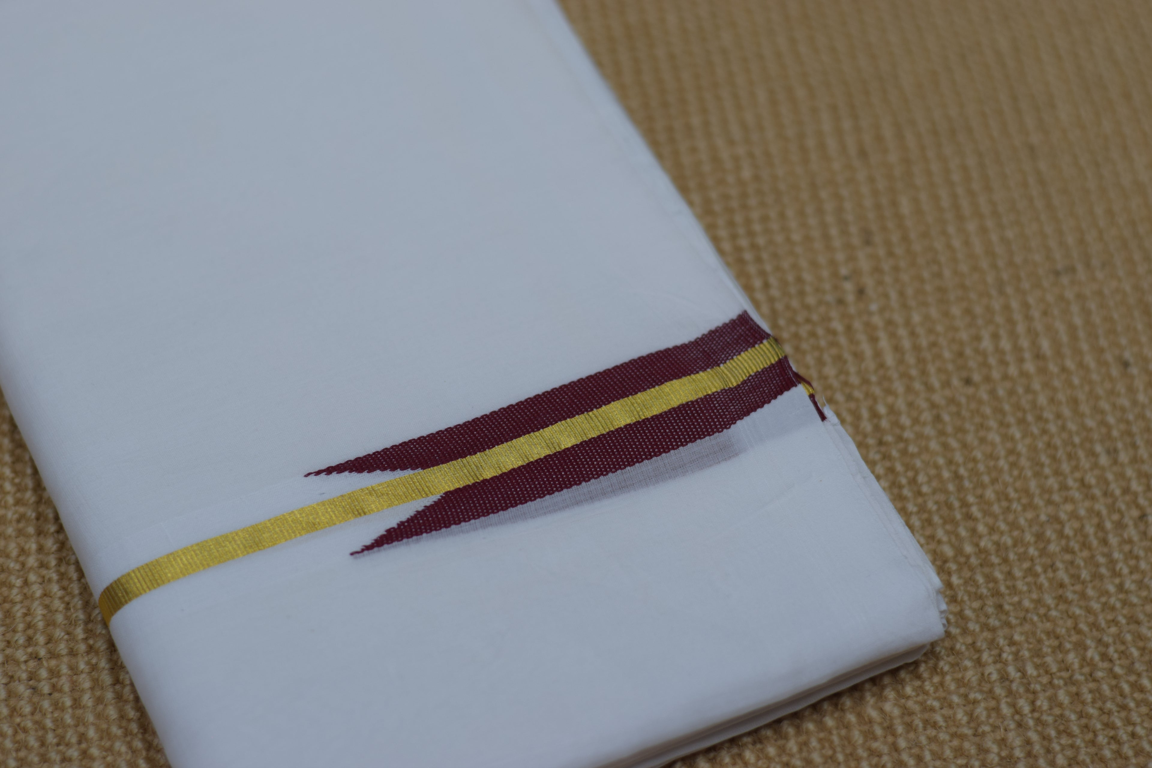 Premium Cotton Double Mundu with Golden Kasavu Border & Maroon Stripe