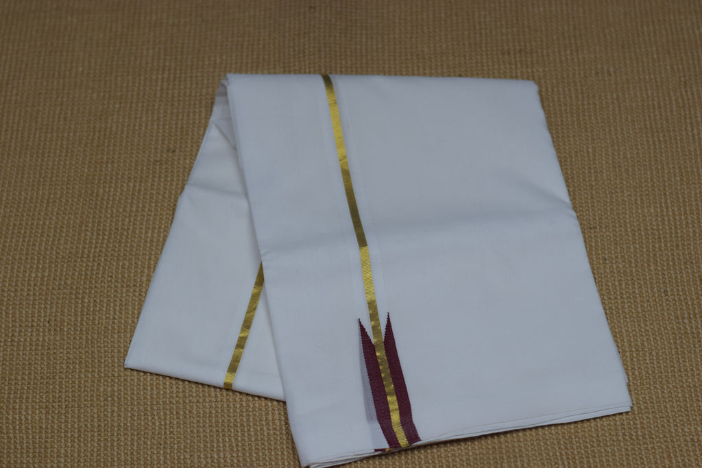 Premium Cotton Double Mundu with Golden Kasavu Border & Maroon Stripe