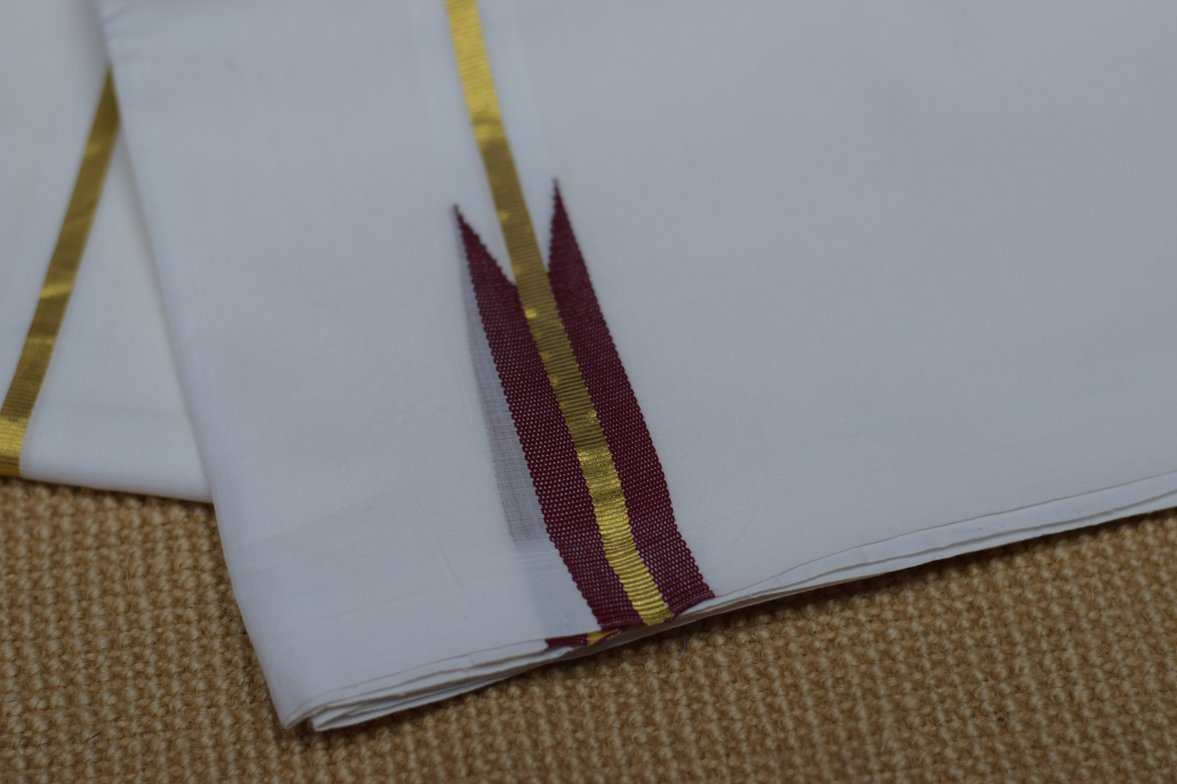 Premium Cotton Double Mundu with Golden Kasavu Border & Maroon Stripe