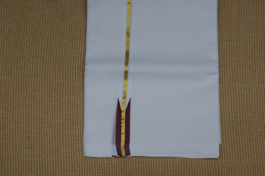 Premium Cotton Double Mundu with Golden Kasavu Border & Maroon Stripe