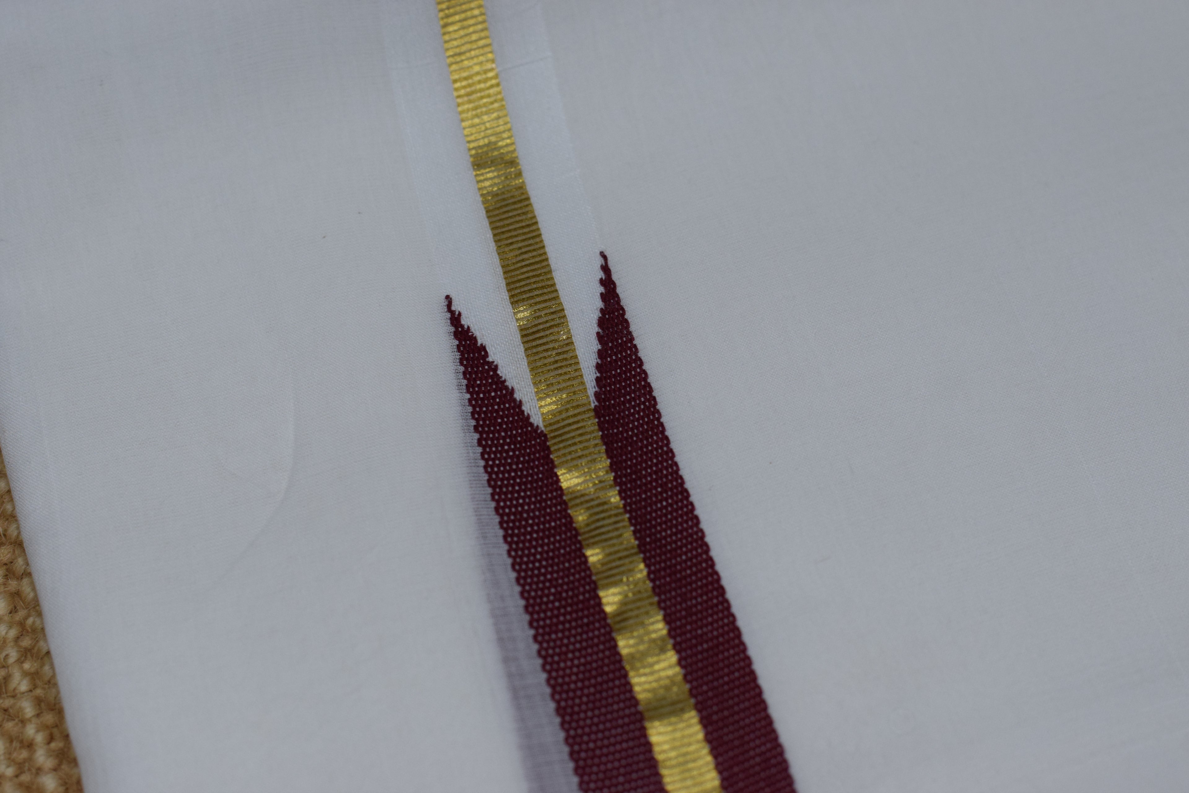 Premium Cotton Double Mundu with Golden Kasavu Border & Maroon Stripe