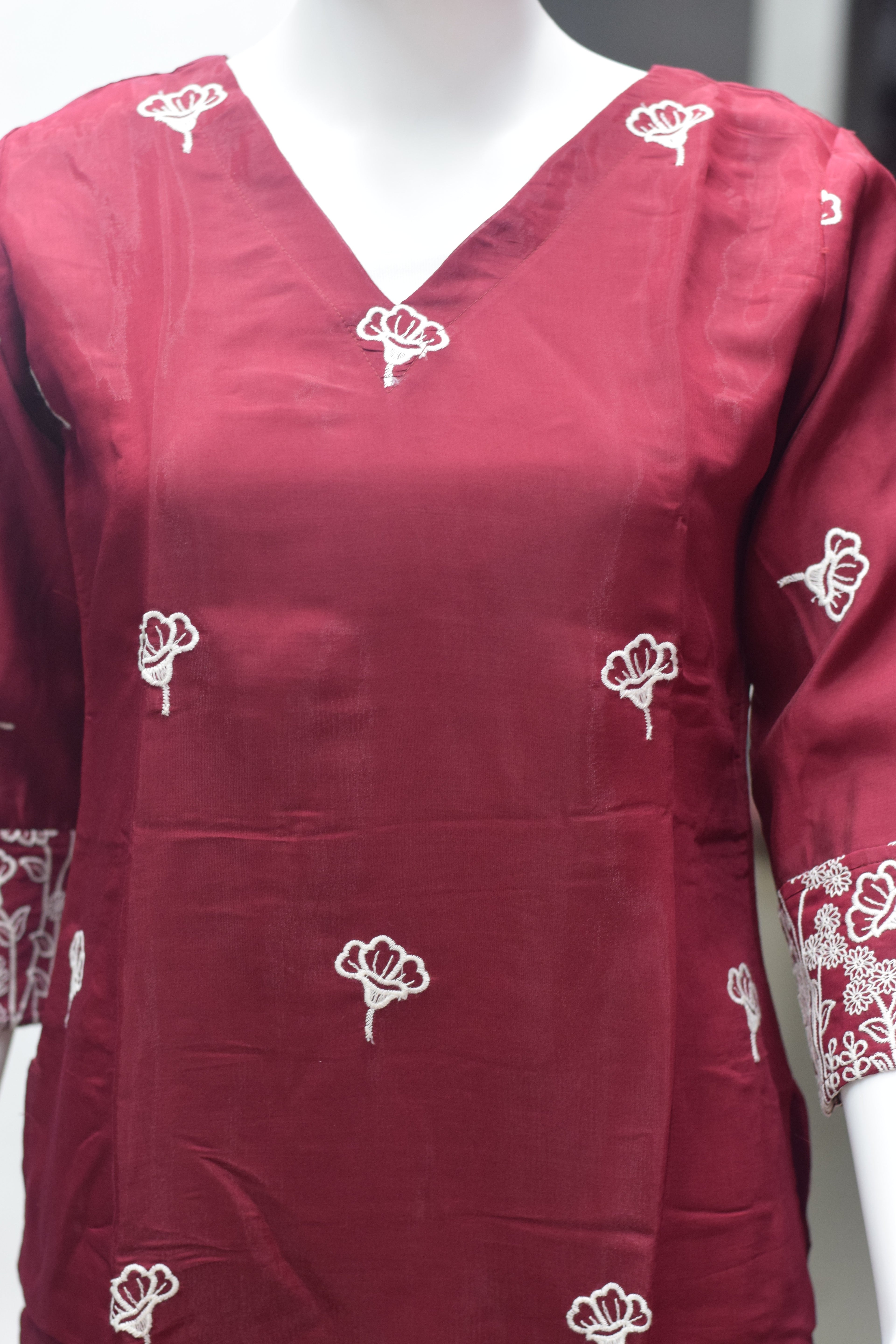 Elegant Maroon Embroidered Churidar Top
