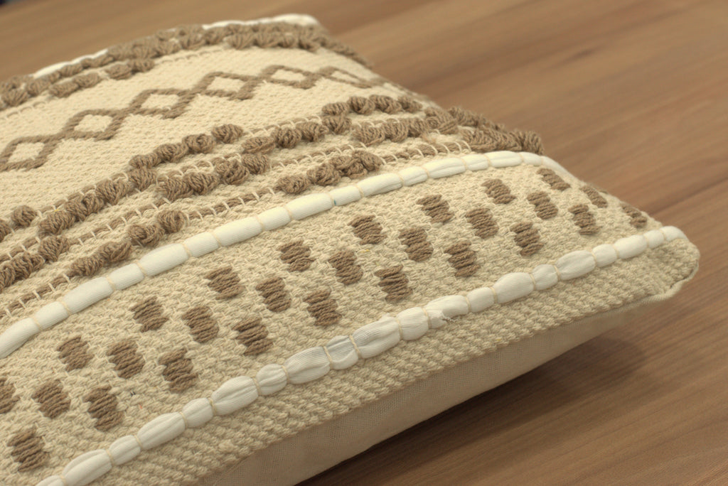 Beige Boho Textured Cushion Covers with Decorative Embroidery – Set of 5