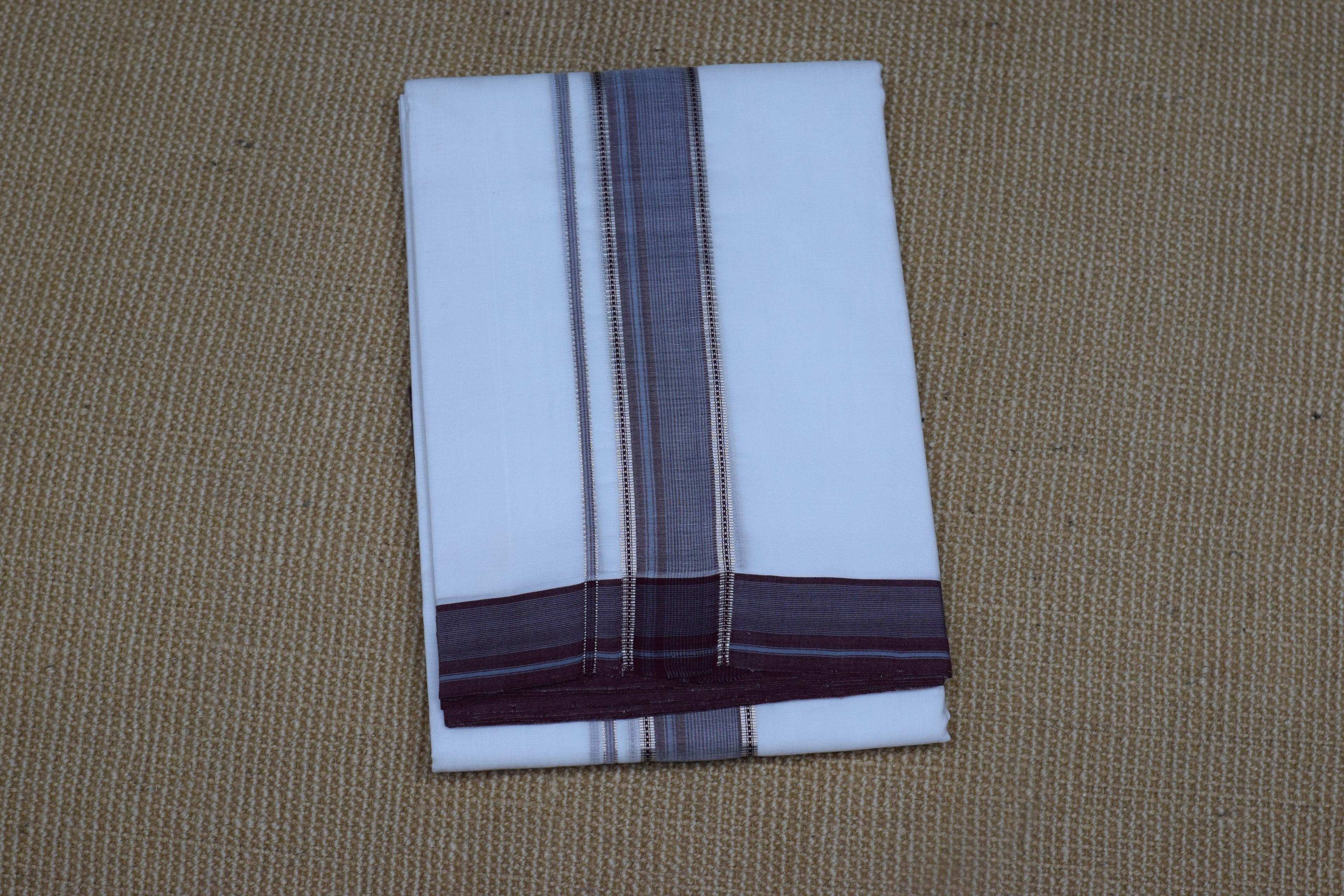 Premium Cotton Double Mundu with Maroon & Silver Kasavu Border